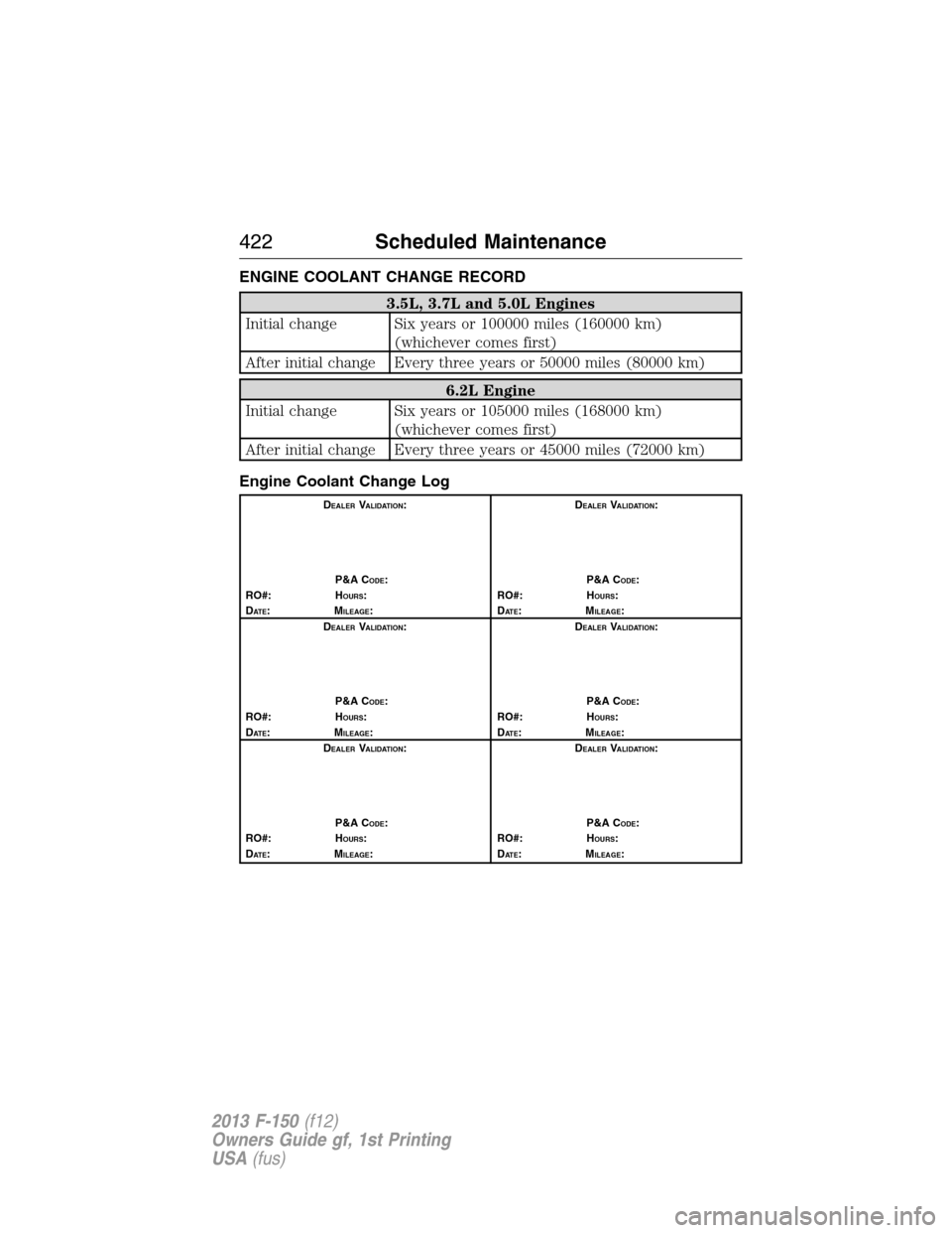 FORD F150 2013 12.G Owners Manual ENGINE COOLANT CHANGE RECORD
3.5L, 3.7L and 5.0L Engines
Initial change Six years or 100000 miles (160000 km)
(whichever comes first)
After initial change Every three years or 50000 miles (80000 km)
6