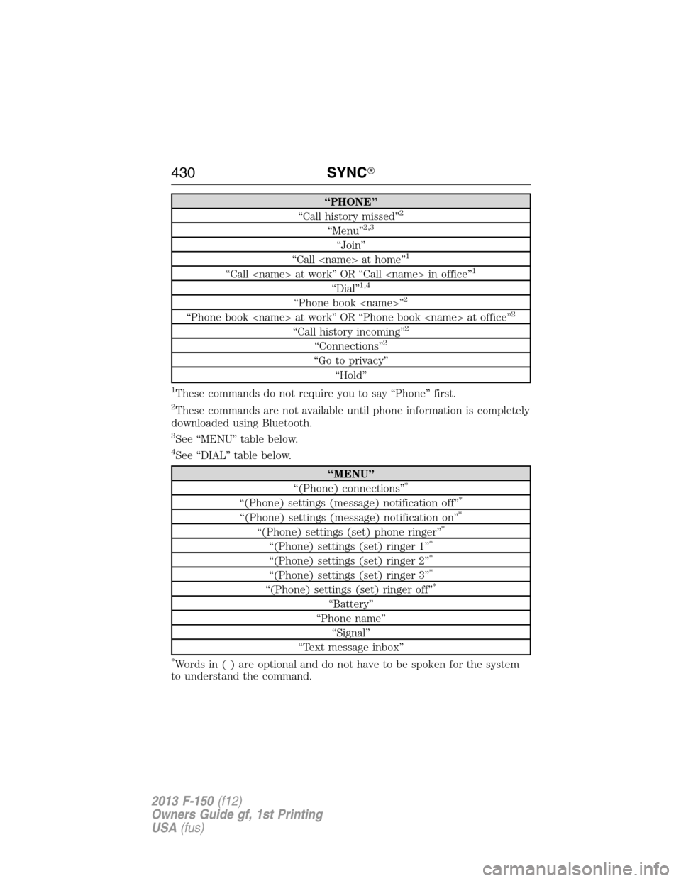 FORD F150 2013 12.G Owners Manual “PHONE”
“Call history missed”2
“Menu”2,3
“Join”
“Call <name> at home”1
“Call <name> at work” OR “Call <name> in office”1
“Dial”1,4
“Phone book <name>”2
“Phone boo FORD F150 2013 12.G Owners Manual “PHONE”
“Call history missed”2
“Menu”2,3
“Join”
“Call <name> at home”1
“Call <name> at work” OR “Call <name> in office”1
“Dial”1,4
“Phone book <name>”2
“Phone boo