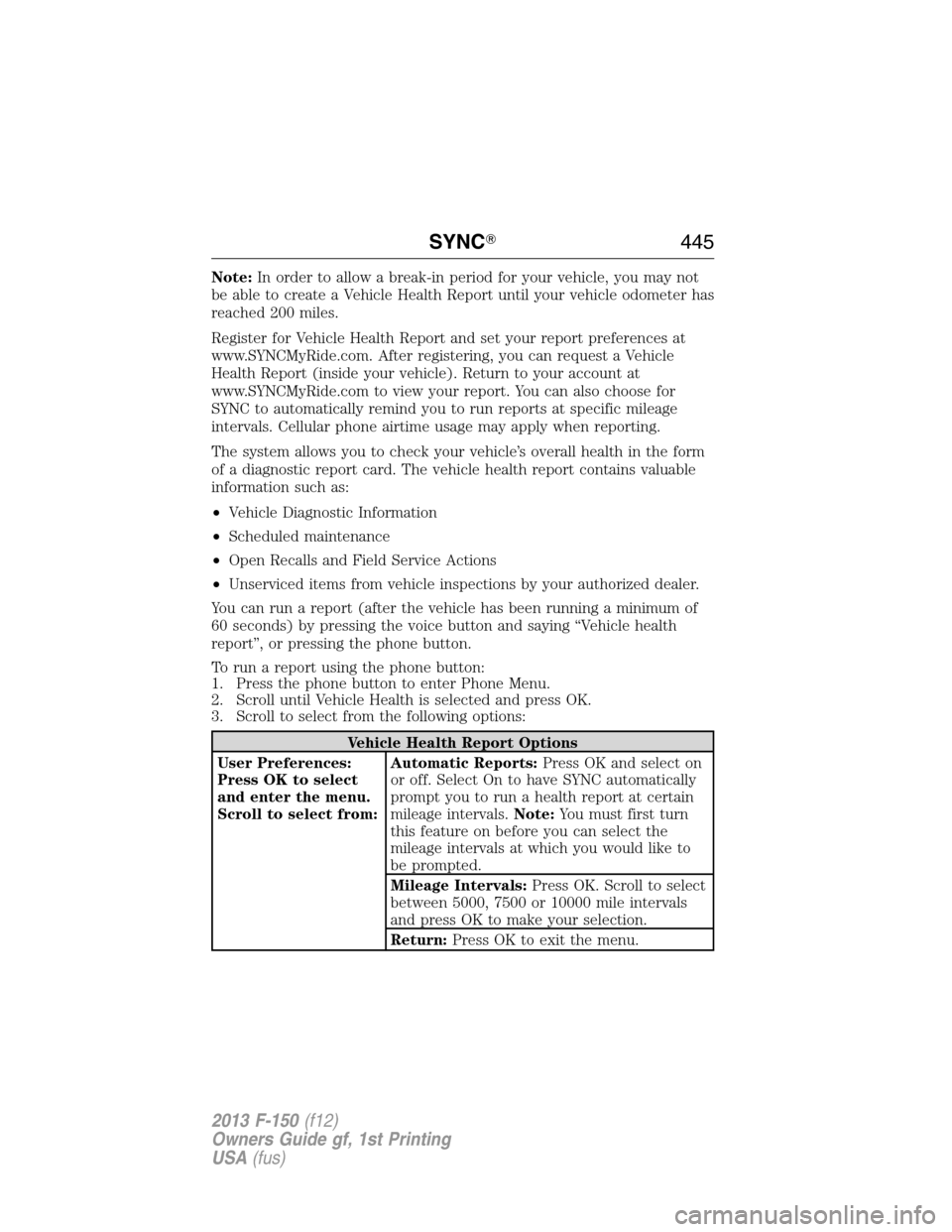 FORD F150 2013 12.G Owners Manual Note:In order to allow a break-in period for your vehicle, you may not
be able to create a Vehicle Health Report until your vehicle odometer has
reached 200 miles.
Register for Vehicle Health Report a