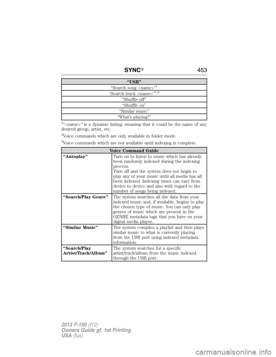FORD F150 2013 12.G Owners Manual “USB”
“Search song <name>”1
“Search track <name>”1,3
“Shuffle off”
“Shuffle on”
“Similar music”
“What’s playing?”
1“<name>” is a dynamic listing, meaning that it coul