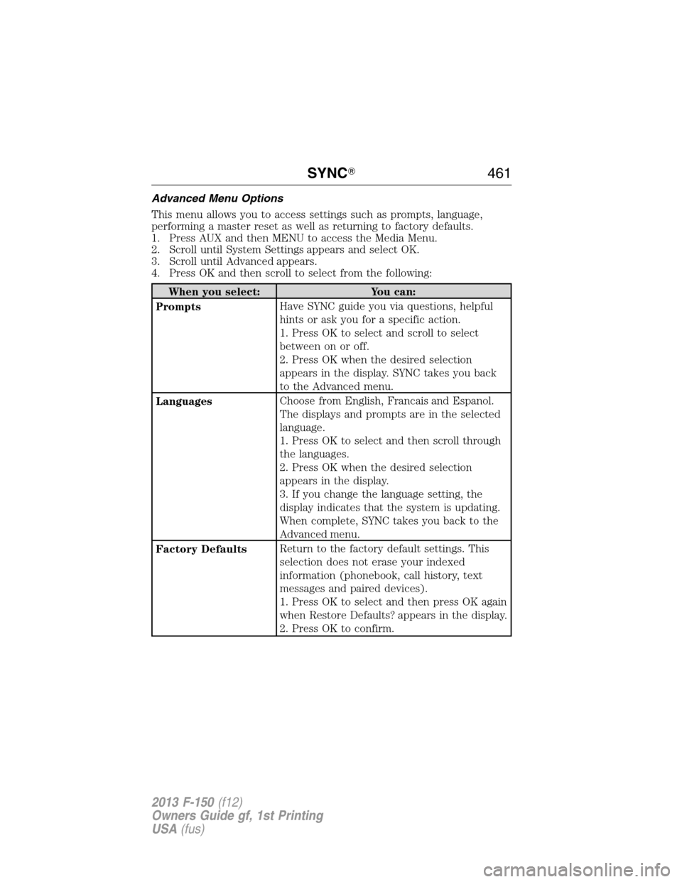 FORD F150 2013 12.G Owners Manual Advanced Menu Options
This menu allows you to access settings such as prompts, language,
performing a master reset as well as returning to factory defaults.
1. Press AUX and then MENU to access the Me FORD F150 2013 12.G Owners Manual Advanced Menu Options
This menu allows you to access settings such as prompts, language,
performing a master reset as well as returning to factory defaults.
1. Press AUX and then MENU to access the Me