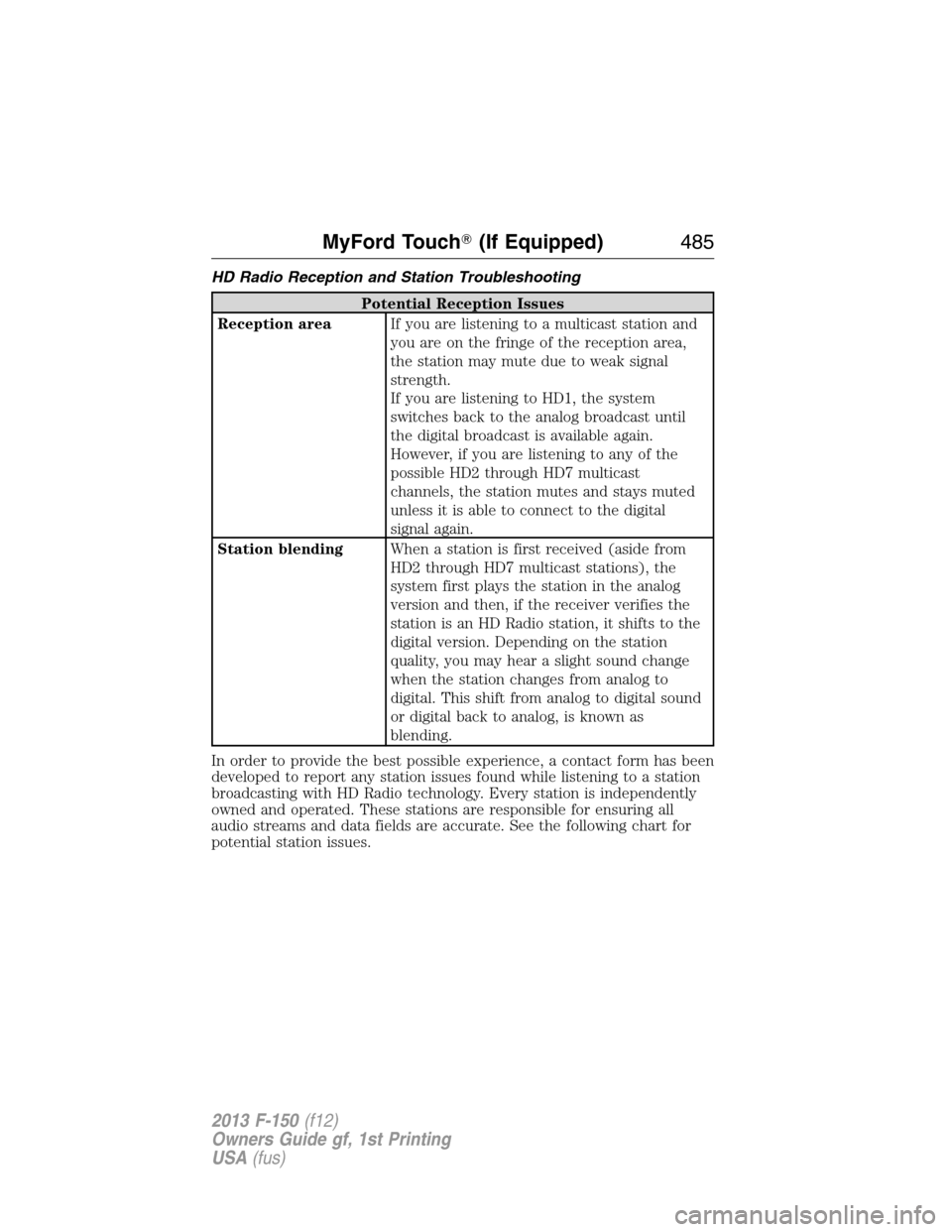 FORD F150 2013 12.G Owners Manual HD Radio Reception and Station Troubleshooting
Potential Reception Issues
Reception areaIf you are listening to a multicast station and
you are on the fringe of the reception area,
the station may mut