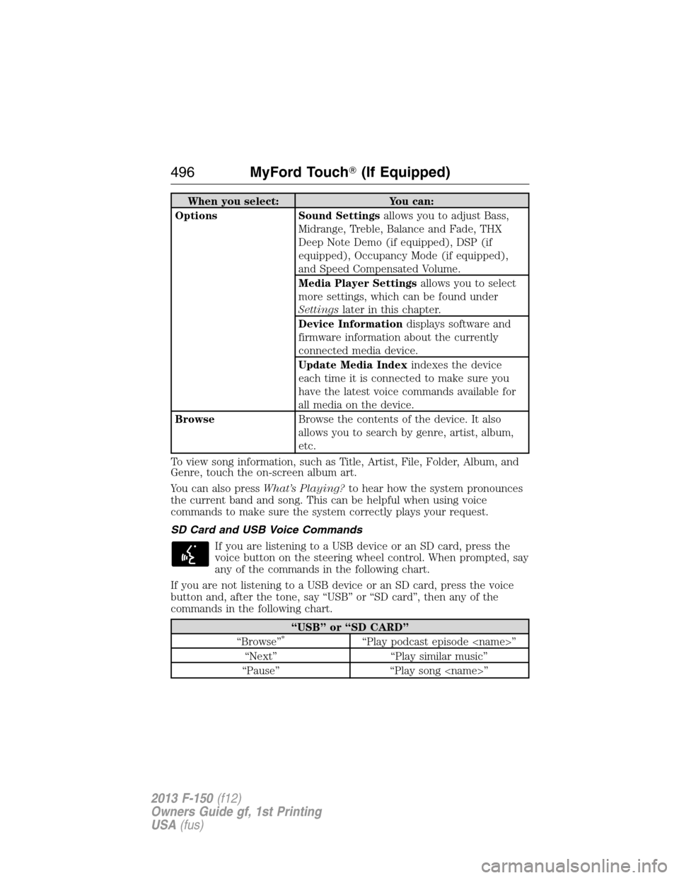 FORD F150 2013 12.G Owners Manual When you select: You can:
Options Sound Settingsallows you to adjust Bass,
Midrange, Treble, Balance and Fade, THX
Deep Note Demo (if equipped), DSP (if
equipped), Occupancy Mode (if equipped),
and Sp FORD F150 2013 12.G Owners Manual When you select: You can:
Options Sound Settingsallows you to adjust Bass,
Midrange, Treble, Balance and Fade, THX
Deep Note Demo (if equipped), DSP (if
equipped), Occupancy Mode (if equipped),
and Sp