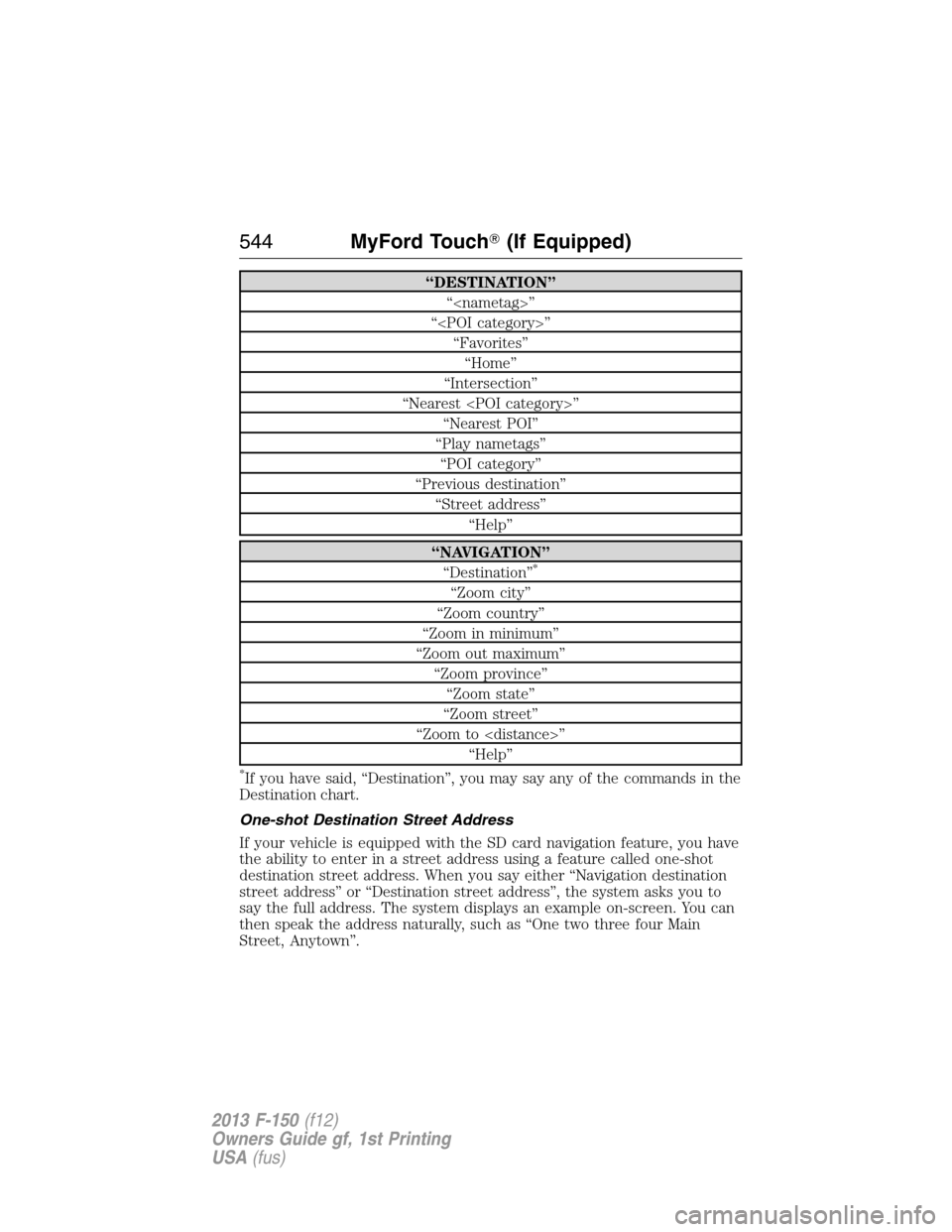FORD F150 2013 12.G Owners Manual “DESTINATION”
“<nametag>”
“<POI category>”
“Favorites”
“Home”
“Intersection”
“Nearest <POI category>”
“Nearest POI”
“Play nametags”
“POI category”
“Previous d