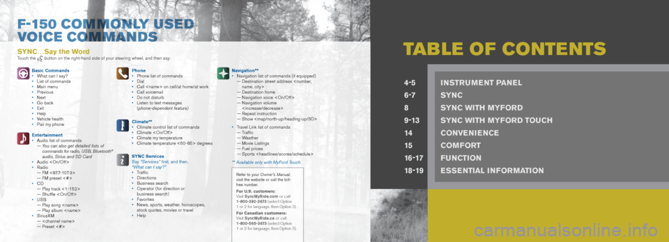 FORD F150 2013 12.G Quick Reference Guide tabLE o F Co NtE Nt SSYNC…Say the WordTouch the  button on the right-hand side of your steering wheel, and then say:
Basic Commands
•  What can I say?
•   List of commands
•   Main menu
•  P