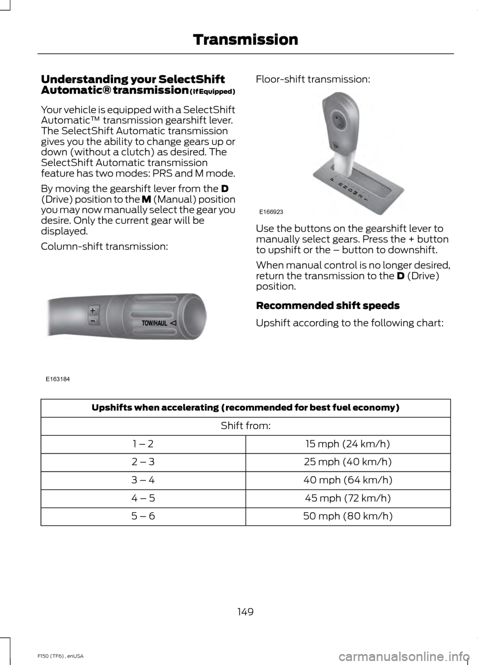 FORD F150 2014 12.G Owners Manual Understanding your SelectShift
Automatic® transmission (If Equipped)
Your vehicle is equipped with a SelectShift
Automatic
™ transmission gearshift lever.
The SelectShift Automatic transmission
giv