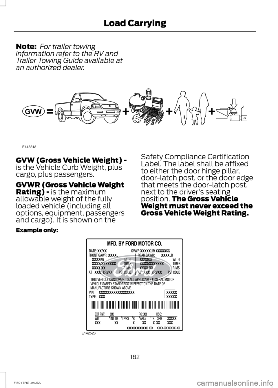 FORD F150 2014 12.G Owners Manual Note:
 For trailer towing
information refer to the RV and
Trailer Towing Guide available at
an authorized dealer. GVW (Gross Vehicle Weight) -
is the Vehicle Curb Weight, plus
cargo, plus passengers.
