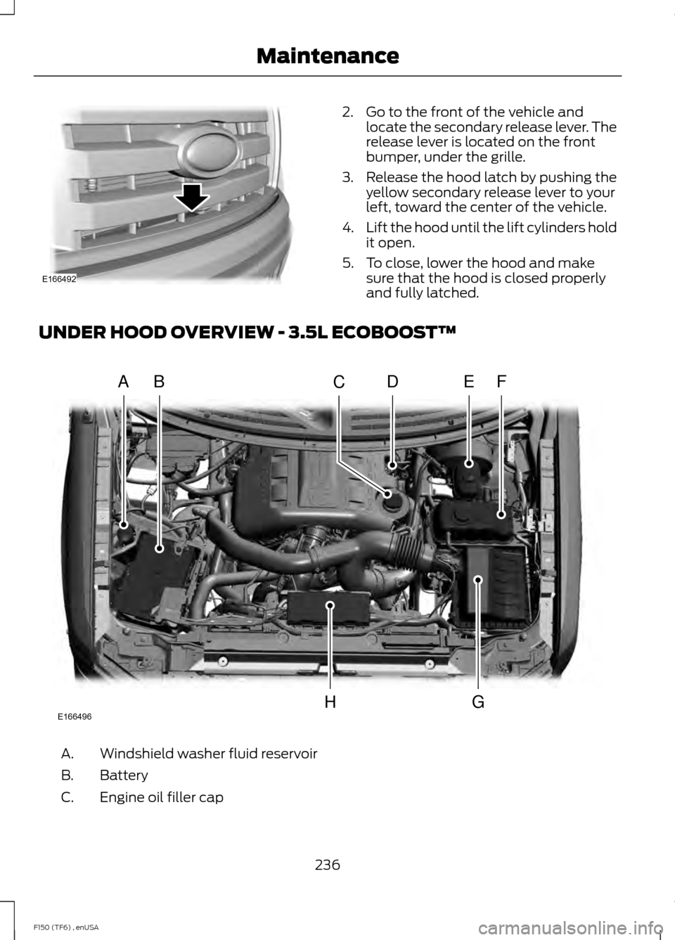 FORD F150 2014 12.G Owners Manual 2. Go to the front of the vehicle and
locate the secondary release lever. The
release lever is located on the front
bumper, under the grille.
3. Release the hood latch by pushing the yellow secondary 