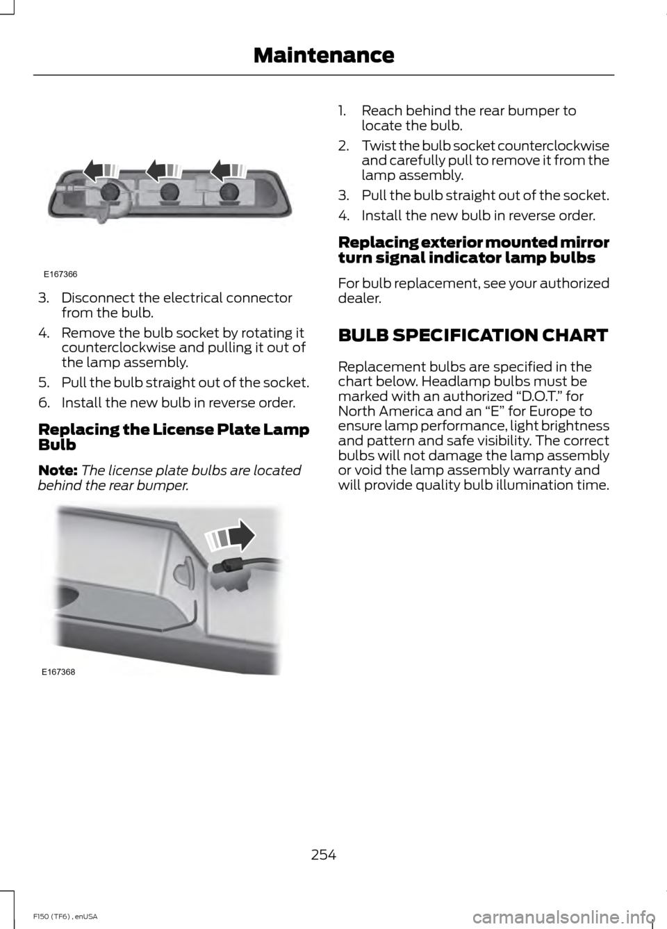 FORD F150 2014 12.G Owners Manual 3. Disconnect the electrical connector
from the bulb.
4. Remove the bulb socket by rotating it counterclockwise and pulling it out of
the lamp assembly.
5. Pull the bulb straight out of the socket.
6. FORD F150 2014 12.G Owners Manual 3. Disconnect the electrical connector
from the bulb.
4. Remove the bulb socket by rotating it counterclockwise and pulling it out of
the lamp assembly.
5. Pull the bulb straight out of the socket.
6.