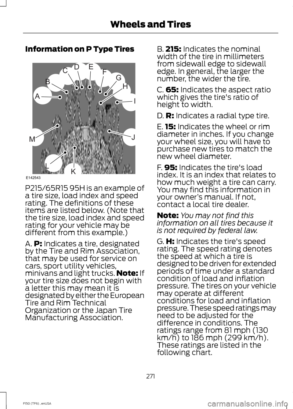 FORD F150 2014 12.G Owners Manual Information on P Type Tires
P215/65R15 95H is an example of
a tire size, load index and speed
rating. The definitions of these
items are listed below. (Note that
the tire size, load index and speed
ra