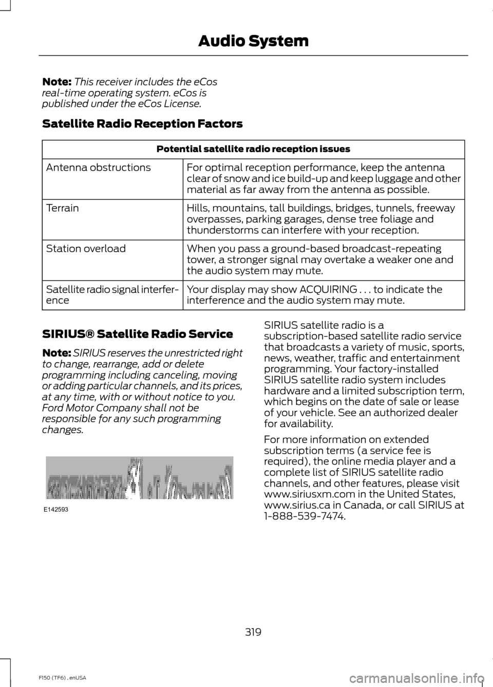 FORD F150 2014 12.G Owners Manual Note:
This receiver includes the eCos
real-time operating system. eCos is
published under the eCos License.
Satellite Radio Reception Factors Potential satellite radio reception issues
For optimal rec