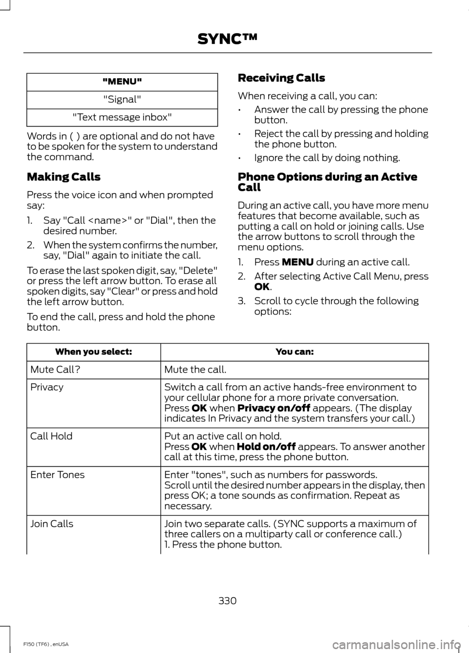 FORD F150 2014 12.G Owners Manual "MENU"
"Signal"
"Text message inbox"
Words in ( ) are optional and do not have
to be spoken for the system to understand
the command.
Making Calls
Press the voice icon and when prompted
say:
1. Say "C FORD F150 2014 12.G Owners Manual "MENU"
"Signal"
"Text message inbox"
Words in ( ) are optional and do not have
to be spoken for the system to understand
the command.
Making Calls
Press the voice icon and when prompted
say:
1. Say "C