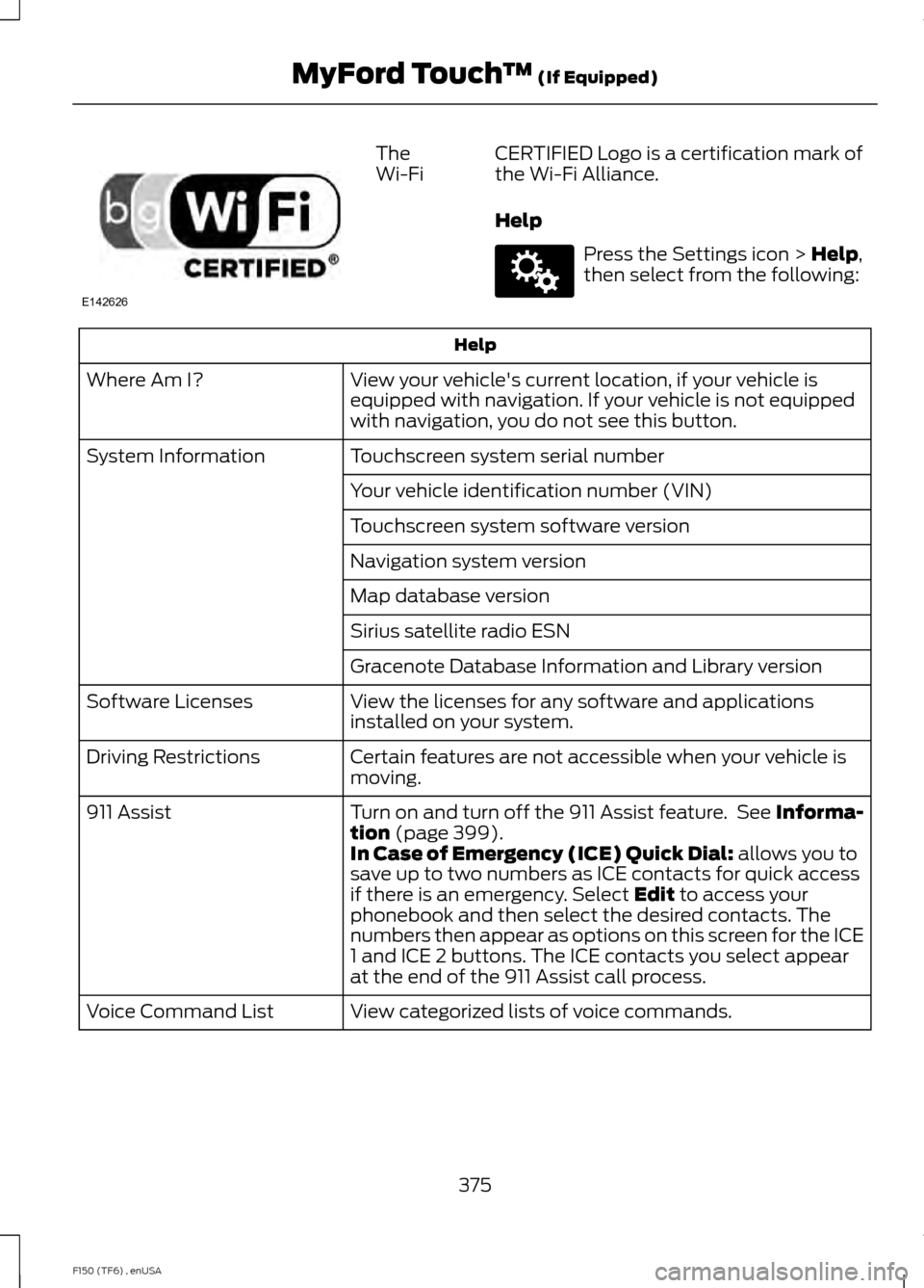 FORD F150 2014 12.G Owners Manual The
Wi-Fi
CERTIFIED Logo is a certification mark of
the Wi-Fi Alliance.
Help Press the Settings icon > Help,
then select from the following: Help
View your vehicles current location, if your vehicle 