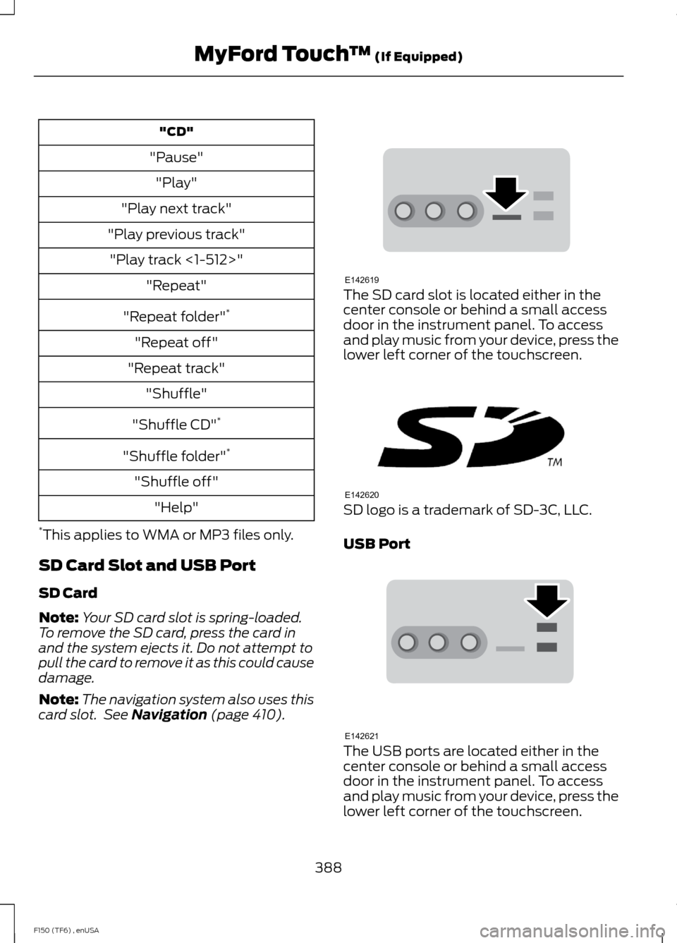 FORD F150 2014 12.G Owners Manual "CD"
"Pause" "Play"
"Play next track"
"Play previous track" "Play track <1-512>" "Repeat"
"Repeat folder" *
"Repeat off"
"Repeat track" "Shuffle"
"Shuffle CD" *
"Shuffle folder" *
"Shuffle off" "Help"