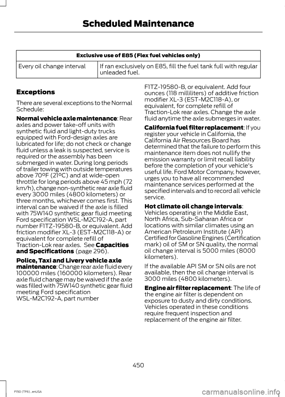 FORD F150 2014 12.G Owners Guide Exclusive use of E85 (Flex fuel vehicles only)
If ran exclusively on E85, fill the fuel tank full with regular
unleaded fuel.
Every oil change interval
Exceptions
There are several exceptions to the N