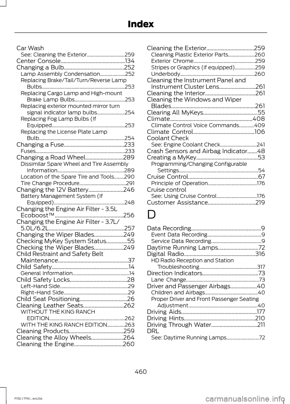 FORD F150 2014 12.G User Guide Car Wash
See: Cleaning the Exterior.............................. 259
Center Console..............................................134
Changing a Bulb...........................................252 Lamp