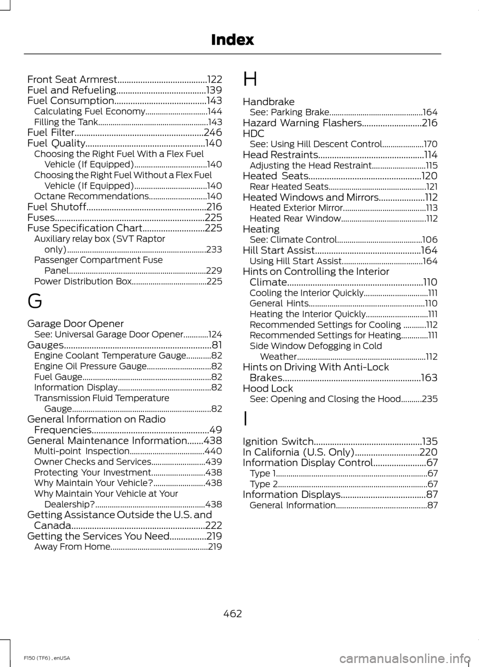 FORD F150 2014 12.G Owners Manual Front Seat Armrest.......................................122
Fuel and Refueling.......................................139
Fuel Consumption........................................143
Calculating Fuel E