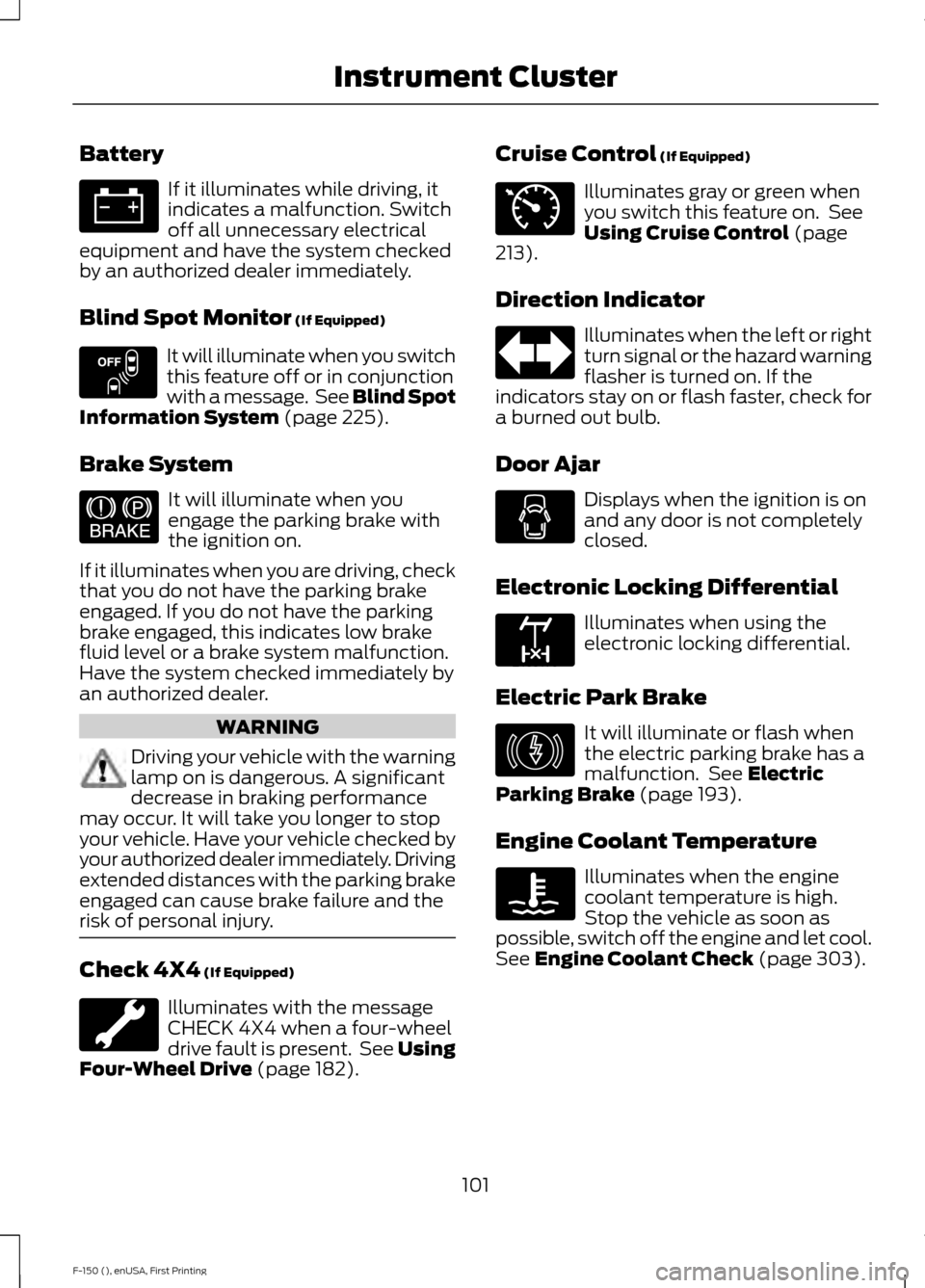 FORD F150 2015 13.G Owners Manual Battery
If it illuminates while driving, it
indicates a malfunction. Switch
off all unnecessary electrical
equipment and have the system checked
by an authorized dealer immediately.
Blind Spot Monitor FORD F150 2015 13.G Owners Manual Battery
If it illuminates while driving, it
indicates a malfunction. Switch
off all unnecessary electrical
equipment and have the system checked
by an authorized dealer immediately.
Blind Spot Monitor