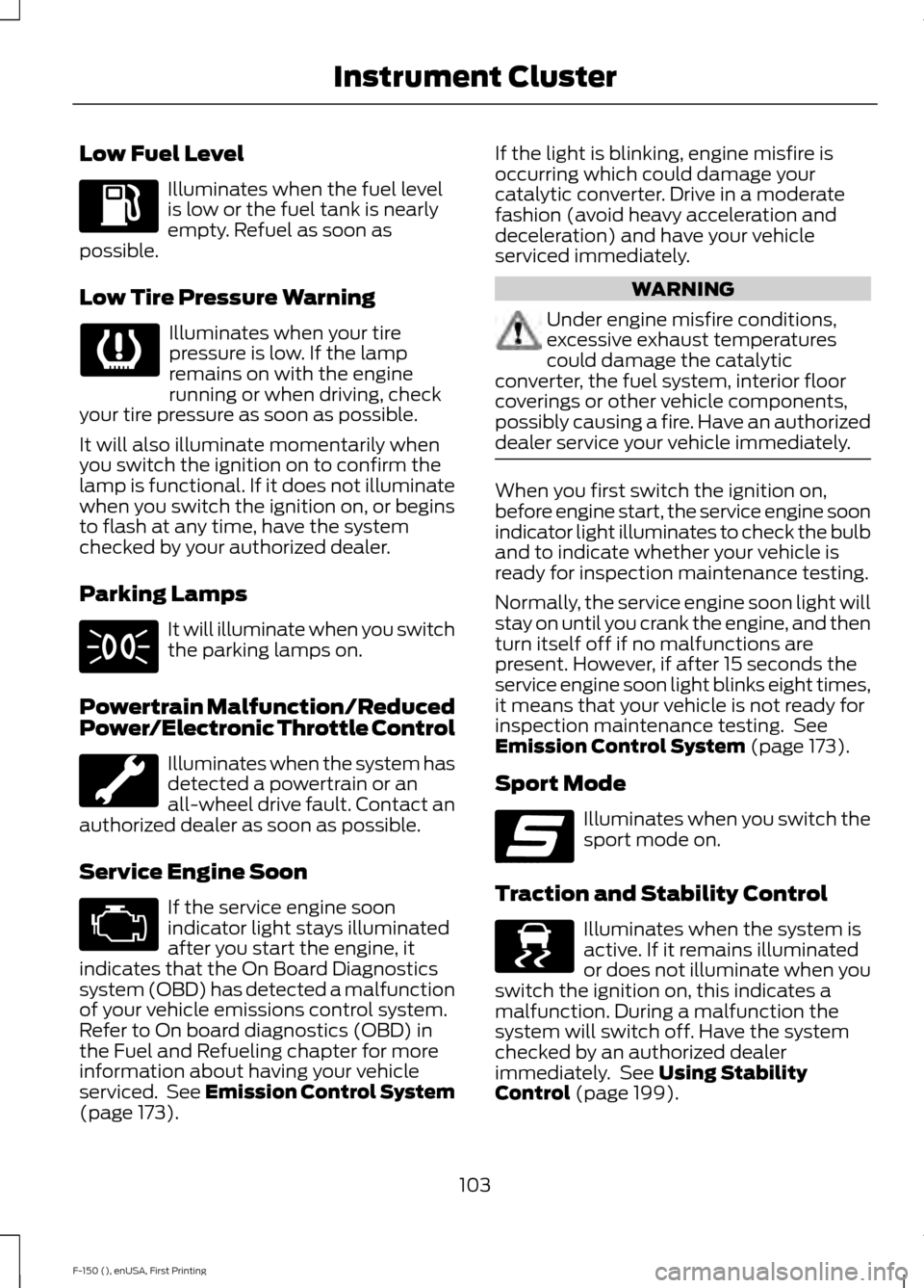 FORD F150 2015 13.G Owners Manual Low Fuel Level
Illuminates when the fuel level
is low or the fuel tank is nearly
empty. Refuel as soon as
possible.
Low Tire Pressure Warning Illuminates when your tire
pressure is low. If the lamp
re