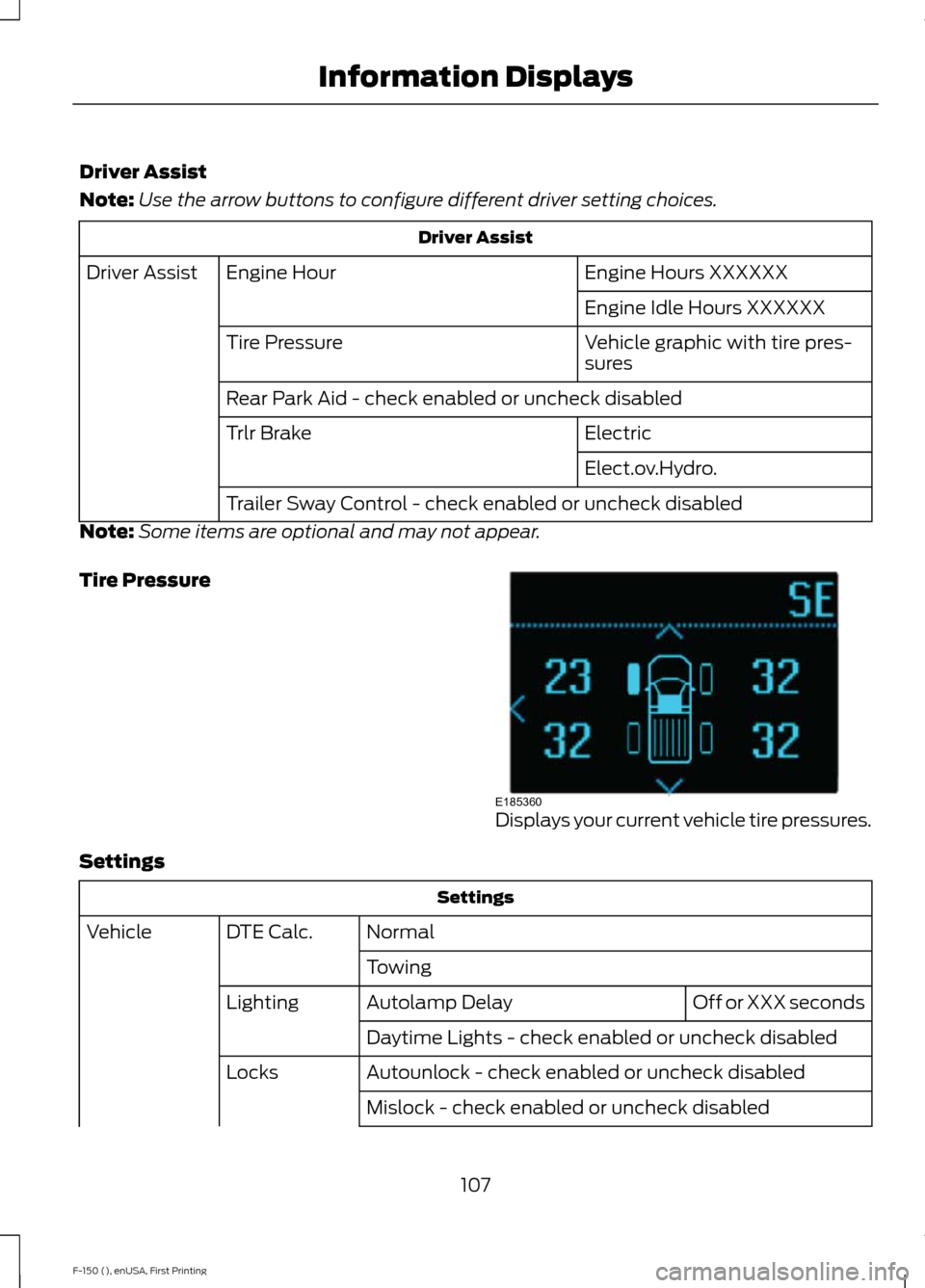 FORD F150 2015 13.G Owners Manual Driver Assist
Note:
Use the arrow buttons to configure different driver setting choices. Driver Assist
Engine Hours XXXXXX
Engine Hour
Driver Assist
Engine Idle Hours XXXXXX
Vehicle graphic with tire 