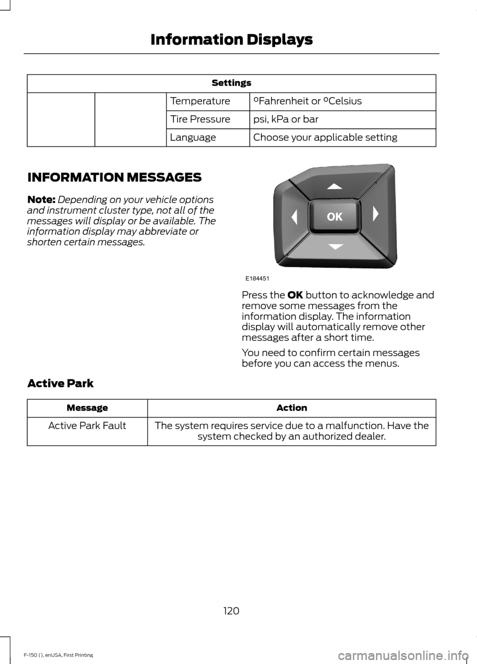 FORD F150 2015 13.G Owners Manual Settings
°Fahrenheit or °Celsius
Temperature
psi, kPa or bar
Tire Pressure
Choose your applicable setting
Language
INFORMATION MESSAGES
Note: Depending on your vehicle options
and instrument cluster FORD F150 2015 13.G Owners Manual Settings
°Fahrenheit or °Celsius
Temperature
psi, kPa or bar
Tire Pressure
Choose your applicable setting
Language
INFORMATION MESSAGES
Note: Depending on your vehicle options
and instrument cluster