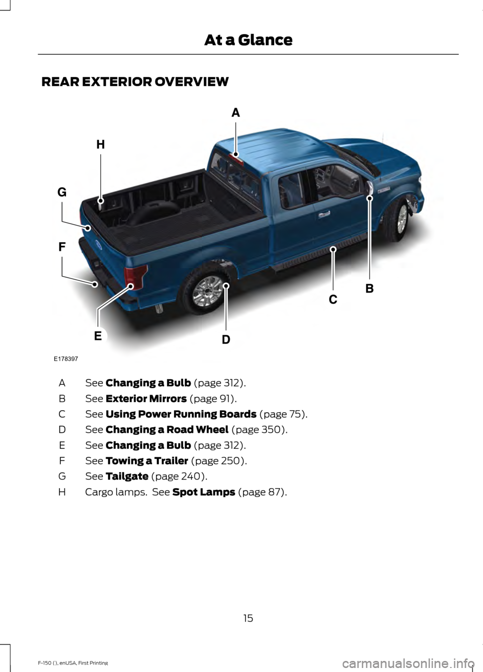 FORD F150 2015 13.G Owners Manual REAR EXTERIOR OVERVIEW
See Changing a Bulb (page 312).
A
See 
Exterior Mirrors (page 91).
B
See 
Using Power Running Boards (page 75).
C
See 
Changing a Road Wheel (page 350).
D
See 
Changing a Bulb (