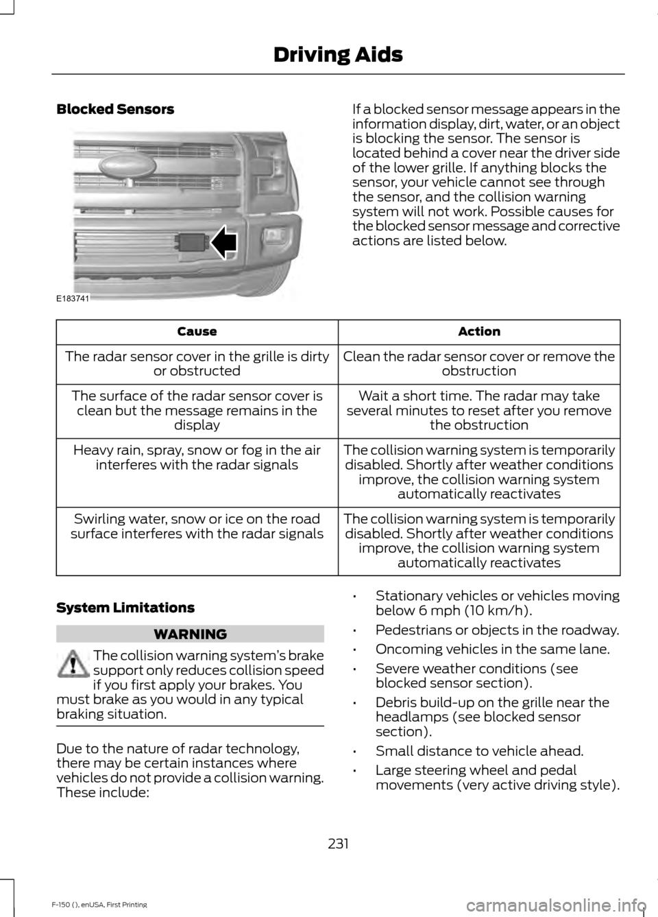 FORD F150 2015 13.G Owners Manual Blocked Sensors If a blocked sensor message appears in the
information display, dirt, water, or an object
is blocking the sensor. The sensor is
located behind a cover near the driver side
of the lower FORD F150 2015 13.G Owners Manual Blocked Sensors If a blocked sensor message appears in the
information display, dirt, water, or an object
is blocking the sensor. The sensor is
located behind a cover near the driver side
of the lower