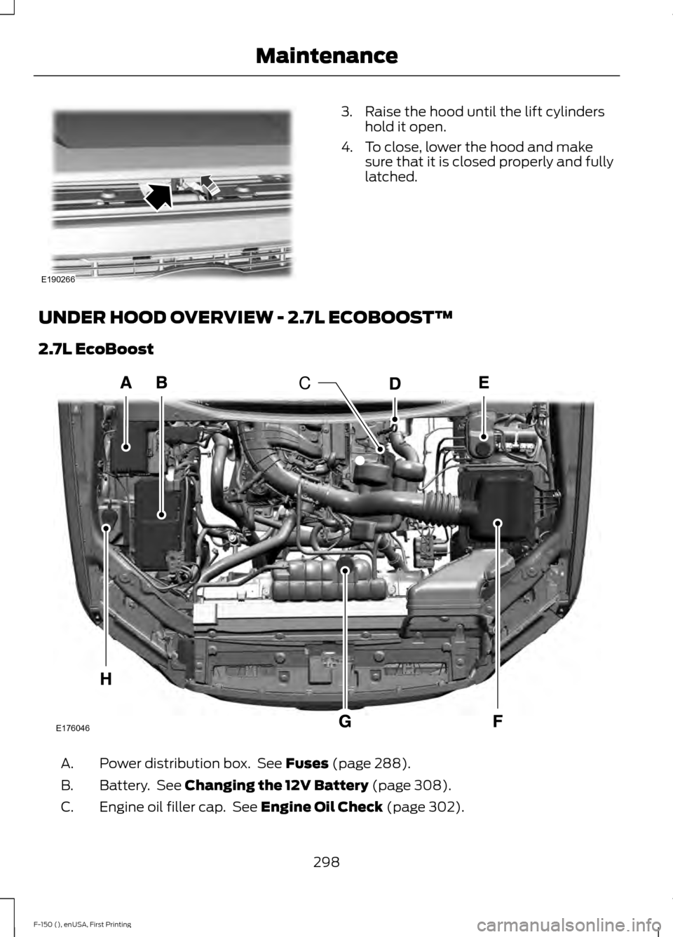 FORD F150 2015 13.G Owners Manual 3. Raise the hood until the lift cylinders
hold it open.
4. To close, lower the hood and make sure that it is closed properly and fully
latched.
UNDER HOOD OVERVIEW - 2.7L ECOBOOST™
2.7L EcoBoost Po FORD F150 2015 13.G Owners Manual 3. Raise the hood until the lift cylinders
hold it open.
4. To close, lower the hood and make sure that it is closed properly and fully
latched.
UNDER HOOD OVERVIEW - 2.7L ECOBOOST™
2.7L EcoBoost Po