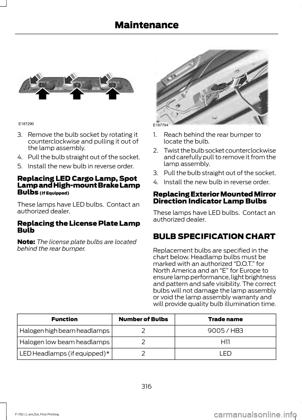 FORD F150 2015 13.G Owners Manual 3. Remove the bulb socket by rotating it
counterclockwise and pulling it out of
the lamp assembly.
4. Pull the bulb straight out of the socket.
5. Install the new bulb in reverse order.
Replacing LED FORD F150 2015 13.G Owners Manual 3. Remove the bulb socket by rotating it
counterclockwise and pulling it out of
the lamp assembly.
4. Pull the bulb straight out of the socket.
5. Install the new bulb in reverse order.
Replacing LED