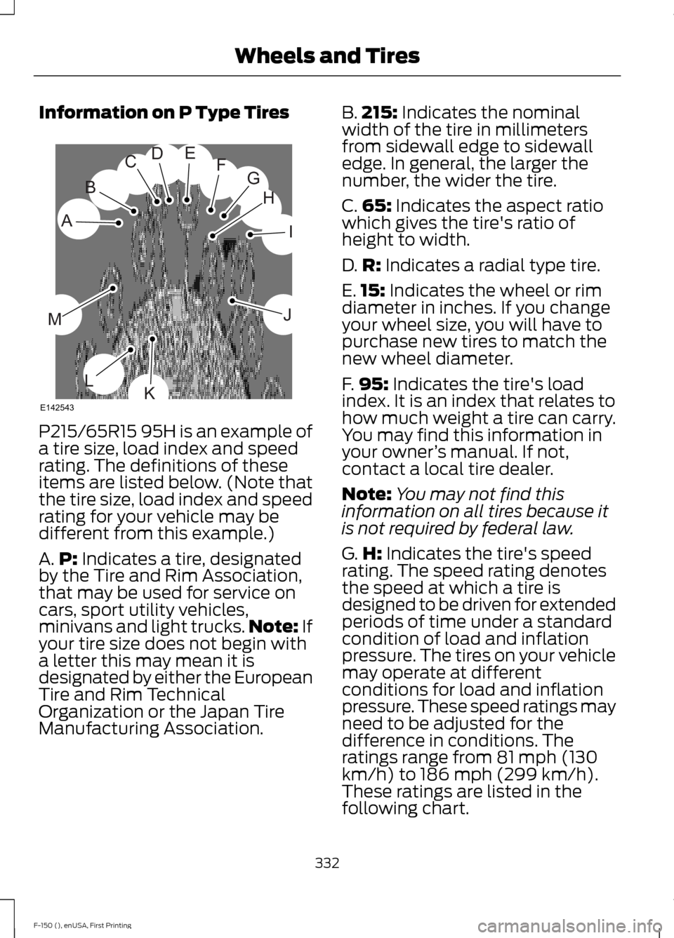 FORD F150 2015 13.G Owners Guide Information on P Type Tires
P215/65R15 95H is an example of
a tire size, load index and speed
rating. The definitions of these
items are listed below. (Note that
the tire size, load index and speed
ra
