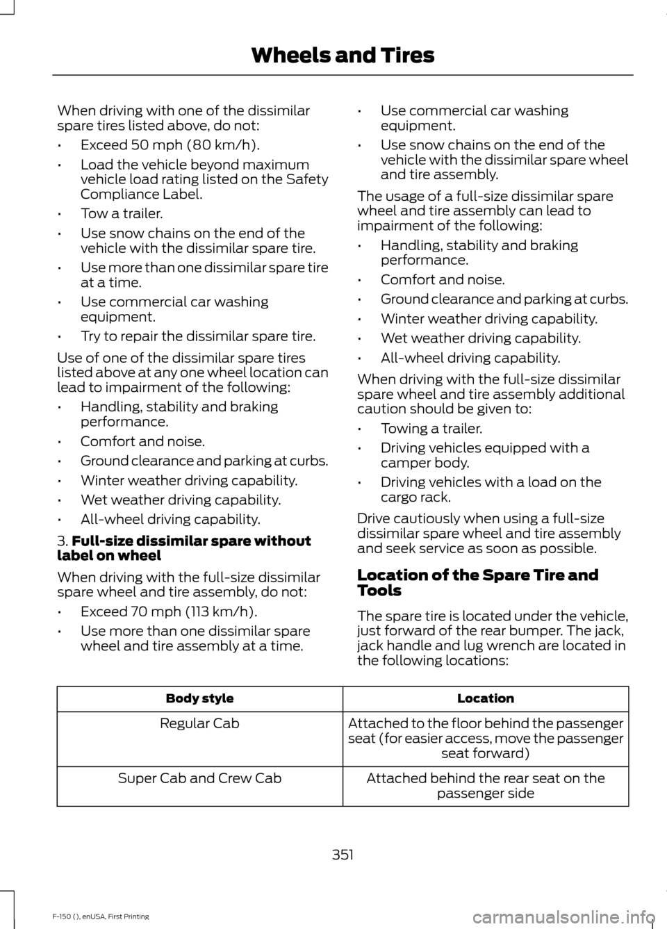 FORD F150 2015 13.G Owners Manual When driving with one of the dissimilar
spare tires listed above, do not:
•
Exceed 50 mph (80 km/h).
• Load the vehicle beyond maximum
vehicle load rating listed on the Safety
Compliance Label.
†FORD F150 2015 13.G Owners Manual When driving with one of the dissimilar
spare tires listed above, do not:
•
Exceed 50 mph (80 km/h).
• Load the vehicle beyond maximum
vehicle load rating listed on the Safety
Compliance Label.
â€