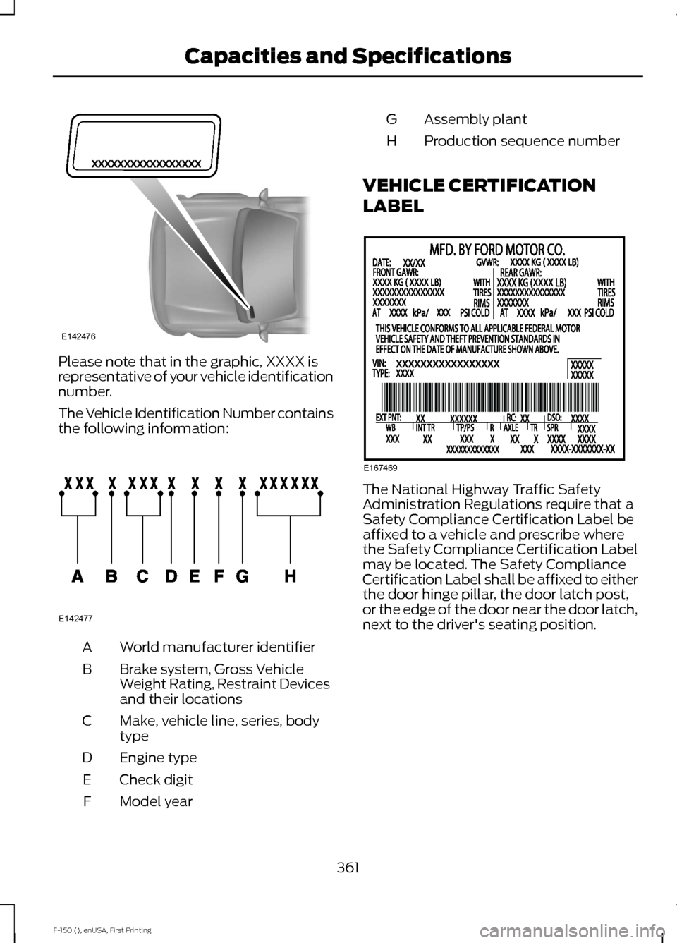 FORD F150 2015 13.G Owners Manual Please note that in the graphic, XXXX is
representative of your vehicle identification
number.
The Vehicle Identification Number contains
the following information:
World manufacturer identifier
A
Bra FORD F150 2015 13.G Owners Manual Please note that in the graphic, XXXX is
representative of your vehicle identification
number.
The Vehicle Identification Number contains
the following information:
World manufacturer identifier
A
Bra