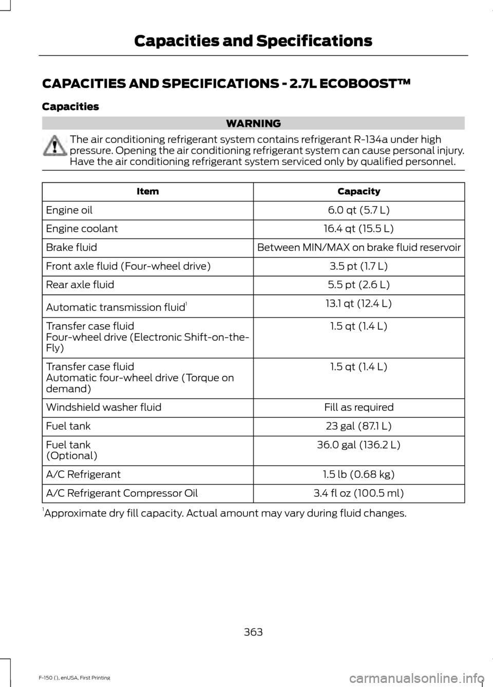 FORD F150 2015 13.G Owners Manual CAPACITIES AND SPECIFICATIONS - 2.7L ECOBOOST™
Capacities
WARNING
The air conditioning refrigerant system contains refrigerant R-134a under high
pressure. Opening the air conditioning refrigerant sy FORD F150 2015 13.G Owners Manual CAPACITIES AND SPECIFICATIONS - 2.7L ECOBOOST™
Capacities
WARNING
The air conditioning refrigerant system contains refrigerant R-134a under high
pressure. Opening the air conditioning refrigerant sy