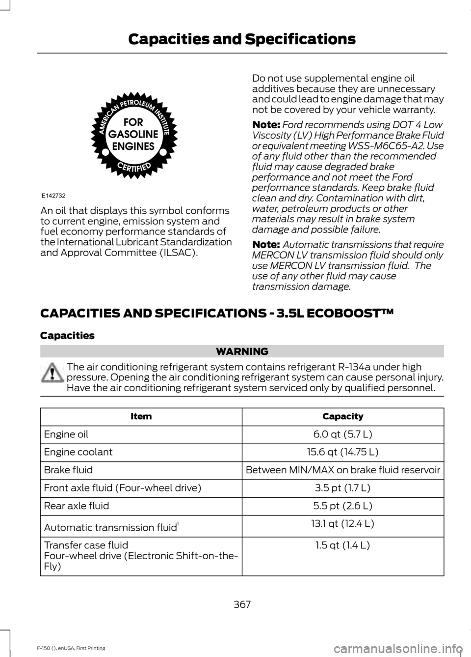 FORD F150 2015 13.G Owners Manual An oil that displays this symbol conforms
to current engine, emission system and
fuel economy performance standards of
the International Lubricant Standardization
and Approval Committee (ILSAC).
Do no FORD F150 2015 13.G Owners Manual An oil that displays this symbol conforms
to current engine, emission system and
fuel economy performance standards of
the International Lubricant Standardization
and Approval Committee (ILSAC).
Do no