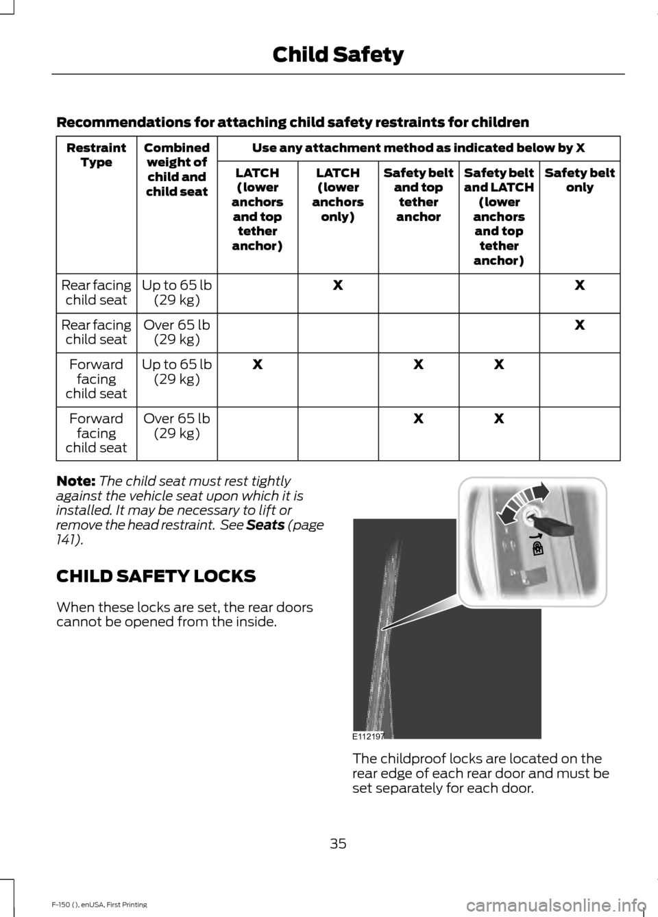 FORD F150 2015 13.G Owners Manual Recommendations for attaching child safety restraints for children
Use any attachment method as indicated below by X
Combined
weight ofchild and
child seat
Restraint
Type Safety belt
only
Safety belt
