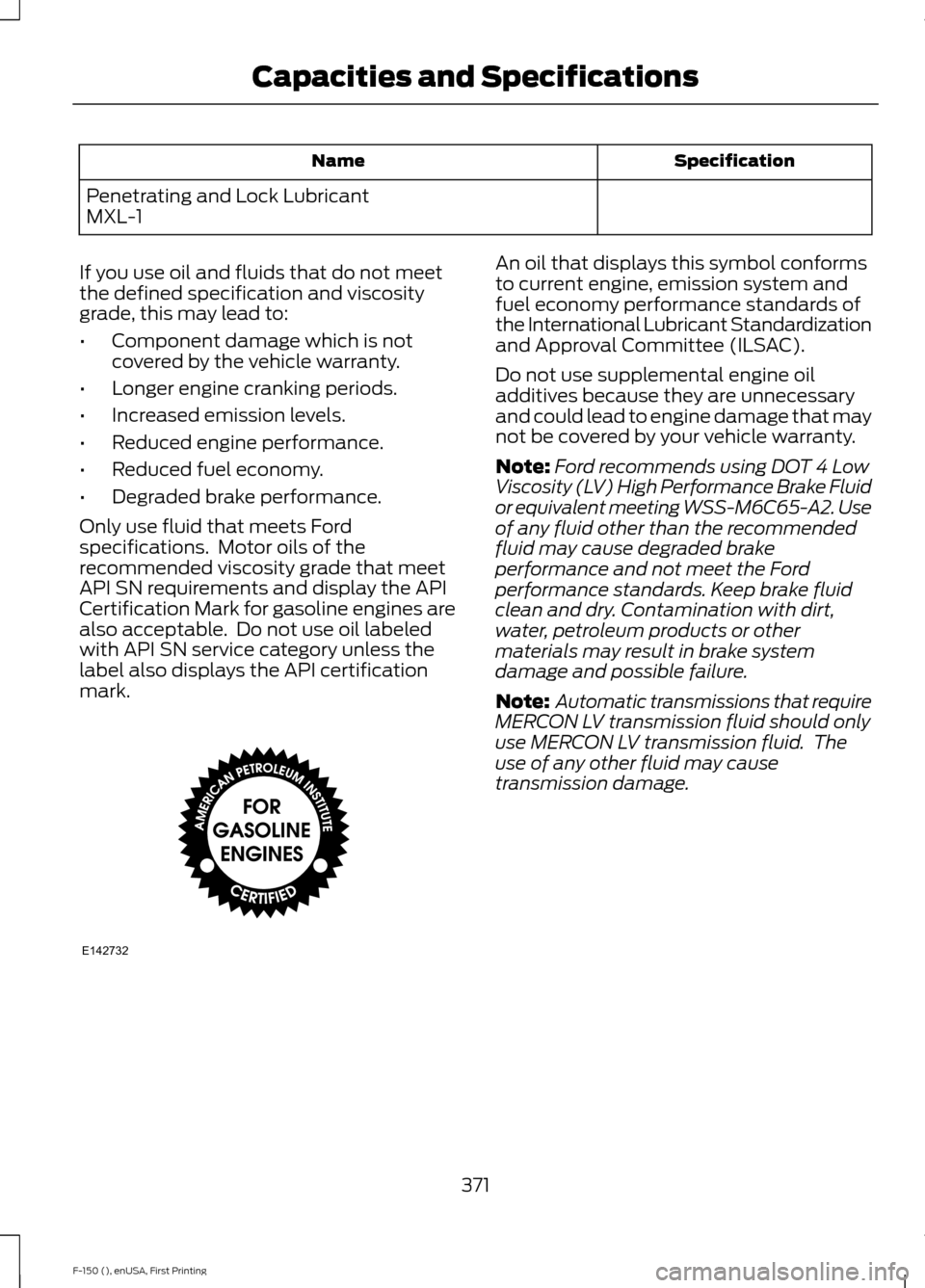 FORD F150 2015 13.G Owners Manual Specification
Name
Penetrating and Lock Lubricant
MXL-1
If you use oil and fluids that do not meet
the defined specification and viscosity
grade, this may lead to:
• Component damage which is not
co FORD F150 2015 13.G Owners Manual Specification
Name
Penetrating and Lock Lubricant
MXL-1
If you use oil and fluids that do not meet
the defined specification and viscosity
grade, this may lead to:
• Component damage which is not
co