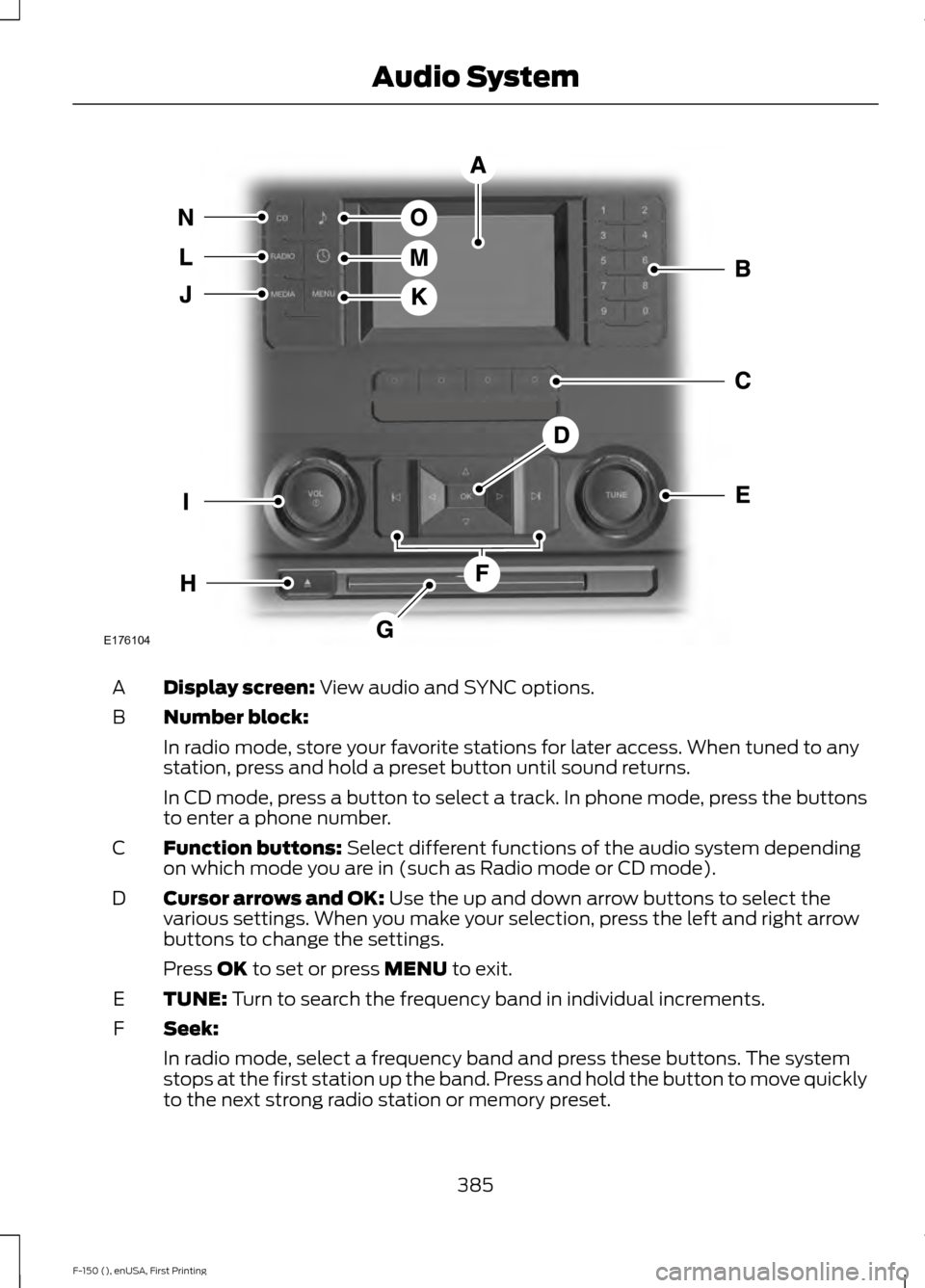 FORD F150 2015 13.G Owners Manual Display screen: View audio and SYNC options.
A
Number block:
B
In radio mode, store your favorite stations for later access. When tuned to any
station, press and hold a preset button until sound retur FORD F150 2015 13.G Owners Manual Display screen: View audio and SYNC options.
A
Number block:
B
In radio mode, store your favorite stations for later access. When tuned to any
station, press and hold a preset button until sound retur
