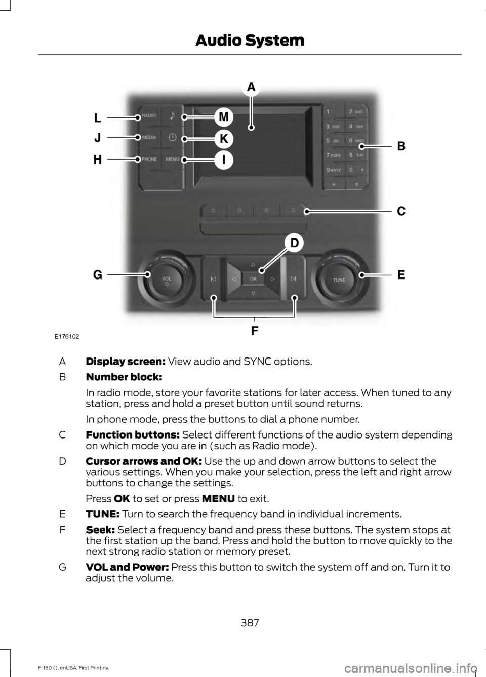 FORD F150 2015 13.G Owners Manual Display screen: View audio and SYNC options.
A
Number block:
B
In radio mode, store your favorite stations for later access. When tuned to any
station, press and hold a preset button until sound retur FORD F150 2015 13.G Owners Manual Display screen: View audio and SYNC options.
A
Number block:
B
In radio mode, store your favorite stations for later access. When tuned to any
station, press and hold a preset button until sound retur
