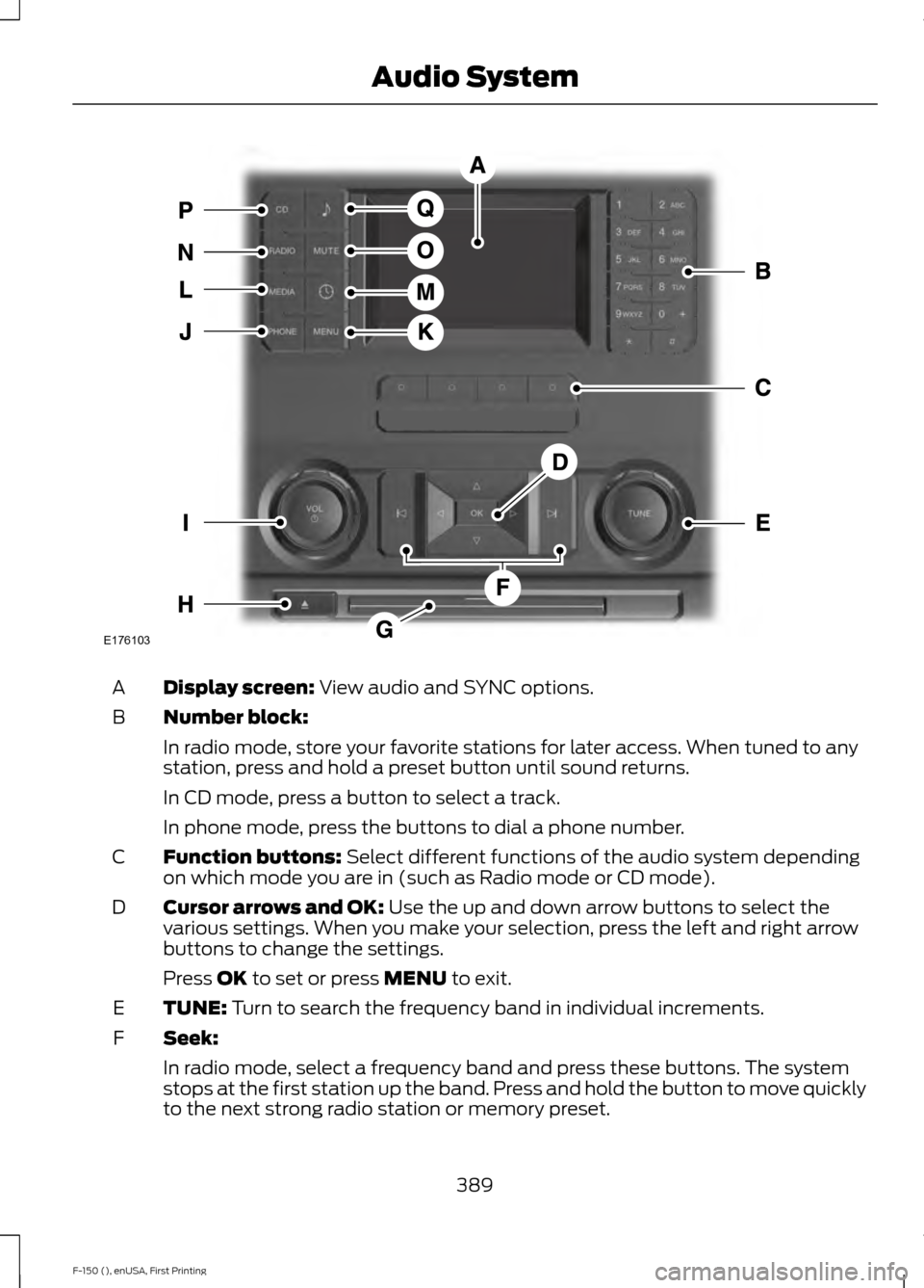 FORD F150 2015 13.G Owners Manual Display screen: View audio and SYNC options.
A
Number block:
B
In radio mode, store your favorite stations for later access. When tuned to any
station, press and hold a preset button until sound retur FORD F150 2015 13.G Owners Manual Display screen: View audio and SYNC options.
A
Number block:
B
In radio mode, store your favorite stations for later access. When tuned to any
station, press and hold a preset button until sound retur