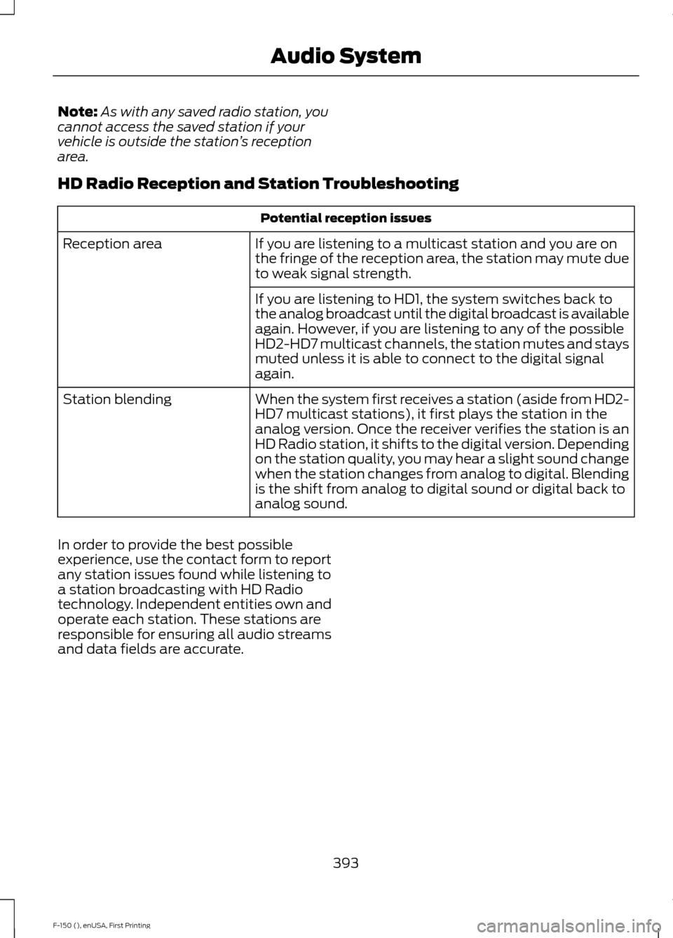 FORD F150 2015 13.G Owners Manual Note:
As with any saved radio station, you
cannot access the saved station if your
vehicle is outside the station ’s reception
area.
HD Radio Reception and Station Troubleshooting Potential receptio FORD F150 2015 13.G Owners Manual Note:
As with any saved radio station, you
cannot access the saved station if your
vehicle is outside the station ’s reception
area.
HD Radio Reception and Station Troubleshooting Potential receptio