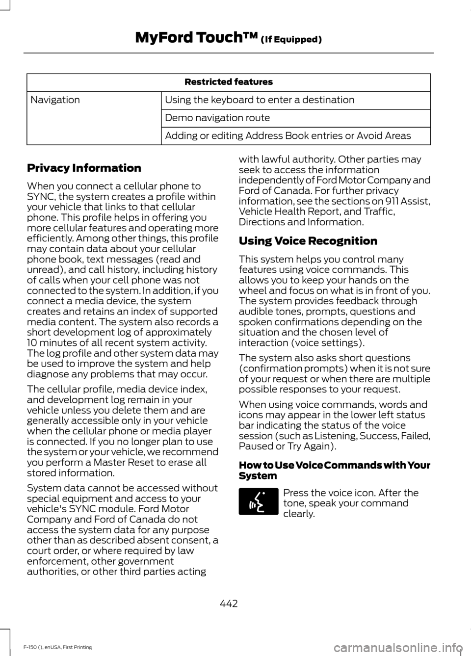 FORD F150 2015 13.G Owners Manual Restricted features
Using the keyboard to enter a destination
Navigation
Demo navigation route
Adding or editing Address Book entries or Avoid Areas
Privacy Information
When you connect a cellular pho FORD F150 2015 13.G Owners Manual Restricted features
Using the keyboard to enter a destination
Navigation
Demo navigation route
Adding or editing Address Book entries or Avoid Areas
Privacy Information
When you connect a cellular pho