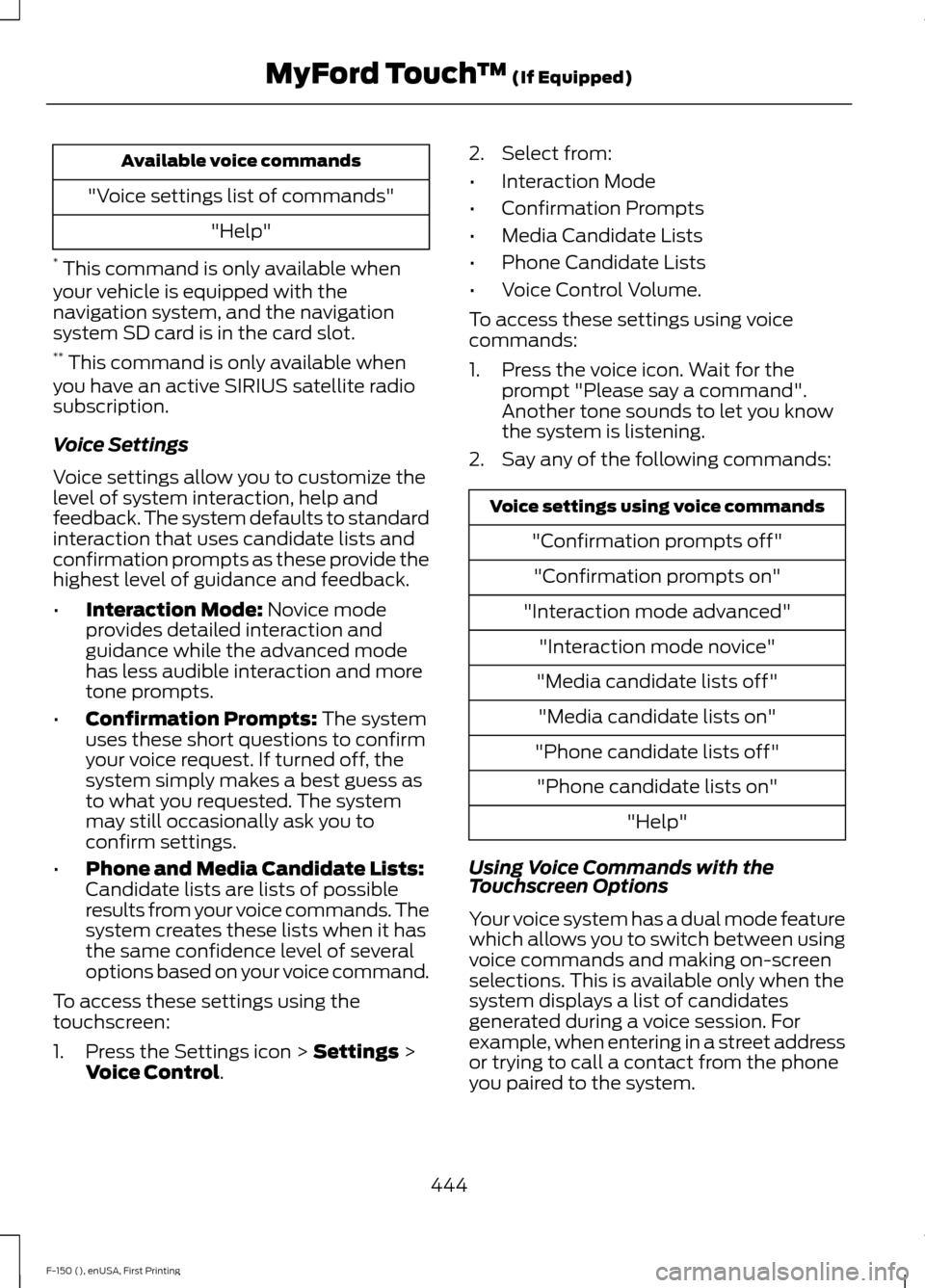 FORD F150 2015 13.G Owners Manual Available voice commands
"Voice settings list of commands" "Help"
* This command is only available when
your vehicle is equipped with the
navigation system, and the navigation
system SD card is in th FORD F150 2015 13.G Owners Manual Available voice commands
"Voice settings list of commands" "Help"
* This command is only available when
your vehicle is equipped with the
navigation system, and the navigation
system SD card is in th