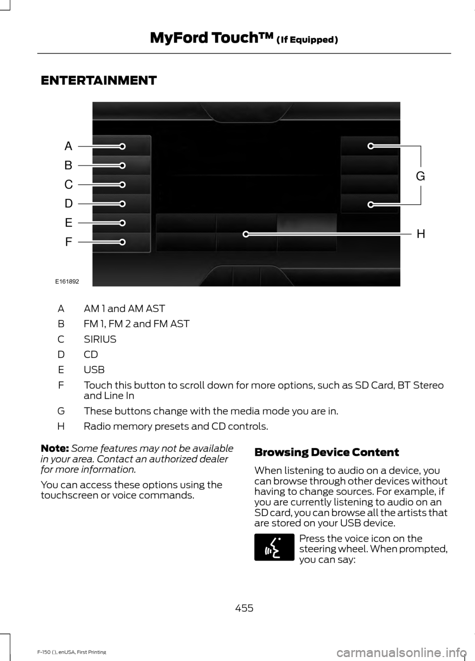 FORD F150 2015 13.G Owners Manual ENTERTAINMENT
AM 1 and AM AST
A
FM 1, FM 2 and FM AST
B
SIRIUS
C
CDD
USBE
Touch this button to scroll down for more options, such as SD Card, BT Stereo
and Line In
F
These buttons change with the medi FORD F150 2015 13.G Owners Manual ENTERTAINMENT
AM 1 and AM AST
A
FM 1, FM 2 and FM AST
B
SIRIUS
C
CDD
USBE
Touch this button to scroll down for more options, such as SD Card, BT Stereo
and Line In
F
These buttons change with the medi