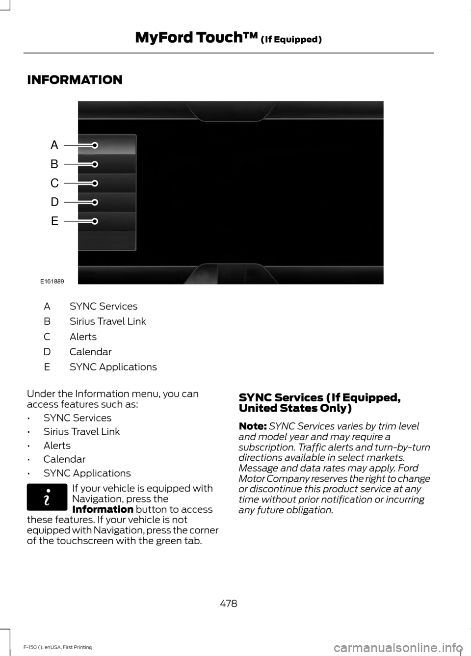 FORD F150 2015 13.G Owners Manual INFORMATION
SYNC Services
A
Sirius Travel Link
B
Alerts
C
Calendar
D
SYNC Applications
E
Under the Information menu, you can
access features such as:
• SYNC Services
• Sirius Travel Link
• Alert