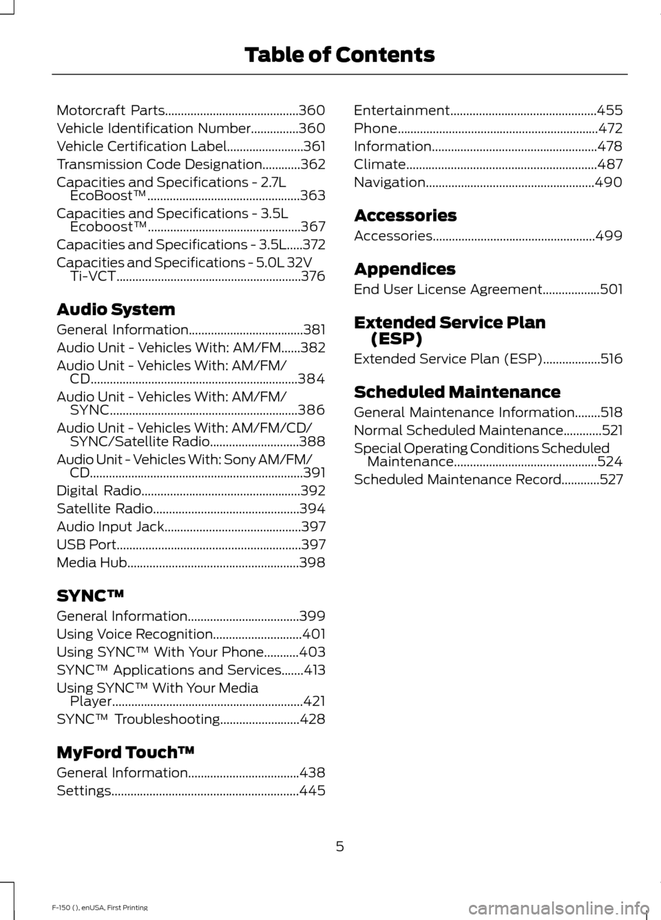FORD F150 2015 13.G Owners Manual Motorcraft Parts..........................................360
Vehicle Identification Number...............360
Vehicle Certification Label........................361
Transmission Code Designation...... FORD F150 2015 13.G Owners Manual Motorcraft Parts..........................................360
Vehicle Identification Number...............360
Vehicle Certification Label........................361
Transmission Code Designation......