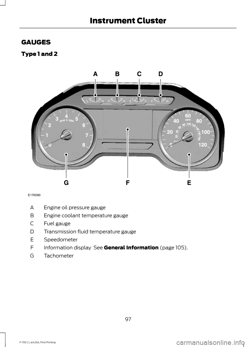 FORD F150 2015 13.G Owners Manual GAUGES
Type 1 and 2
Engine oil pressure gauge
A
Engine coolant temperature gauge
B
Fuel gauge
C
Transmission fluid temperature gauge
D
Speedometer
E
Information display See General Information (page FORD F150 2015 13.G Owners Manual GAUGES
Type 1 and 2
Engine oil pressure gauge
A
Engine coolant temperature gauge
B
Fuel gauge
C
Transmission fluid temperature gauge
D
Speedometer
E
Information display See General Information (page