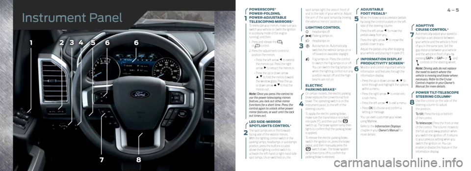FORD F150 2015 13.G Quick Reference Guide 3
15
6
7
8
7
566
8
4231
4
POWERSCOPE®  
POWER-FOLDING, 
POWER-ADJUSTABLE 
TELESCOPING MIRRORS*
To telescope your mirrors, make sure you
switch your vehicle on (with the ignition 
in accessory mode or