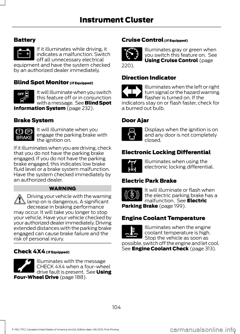 FORD F150 2016 13.G Owners Manual Battery
If it illuminates while driving, it
indicates a malfunction. Switch
off all unnecessary electrical
equipment and have the system checked
by an authorized dealer immediately.
Blind Spot Monitor