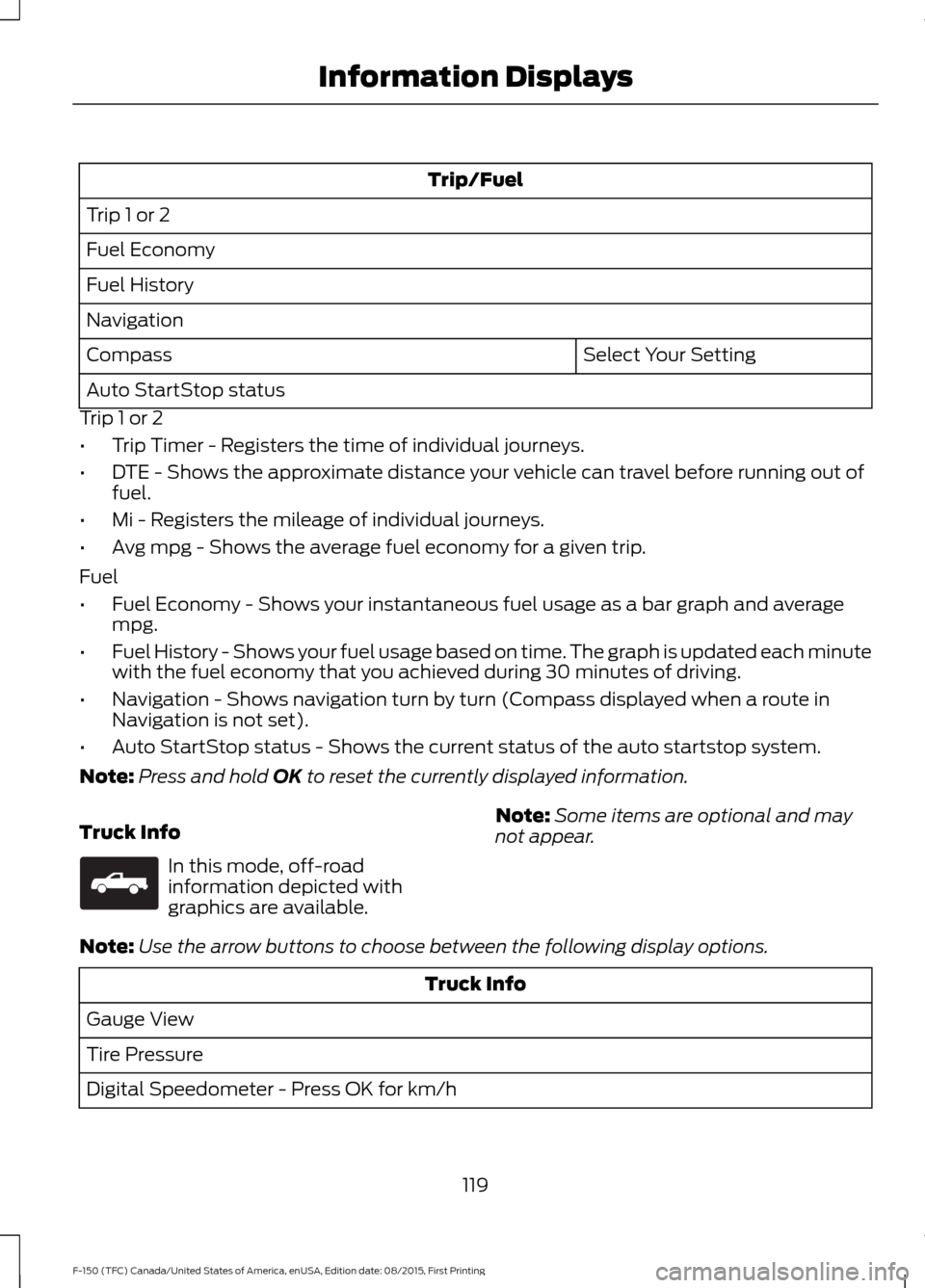 FORD F150 2016 13.G Owners Manual Trip/Fuel
Trip 1 or 2
Fuel Economy
Fuel History
Navigation Select Your Setting
Compass
Auto StartStop status
Trip 1 or 2
• Trip Timer - Registers the time of individual journeys.
• DTE - Shows the FORD F150 2016 13.G Owners Manual Trip/Fuel
Trip 1 or 2
Fuel Economy
Fuel History
Navigation Select Your Setting
Compass
Auto StartStop status
Trip 1 or 2
• Trip Timer - Registers the time of individual journeys.
• DTE - Shows the