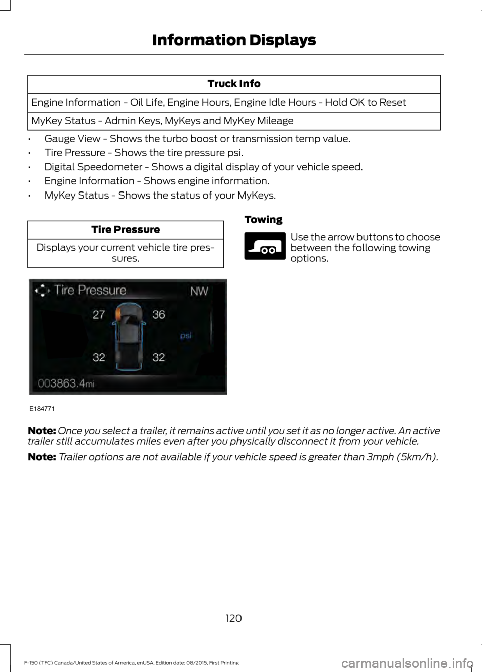 FORD F150 2016 13.G Owners Manual Truck Info
Engine Information - Oil Life, Engine Hours, Engine Idle Hours - Hold OK to Reset
MyKey Status - Admin Keys, MyKeys and MyKey Mileage
• Gauge View - Shows the turbo boost or transmission FORD F150 2016 13.G Owners Manual Truck Info
Engine Information - Oil Life, Engine Hours, Engine Idle Hours - Hold OK to Reset
MyKey Status - Admin Keys, MyKeys and MyKey Mileage
• Gauge View - Shows the turbo boost or transmission
